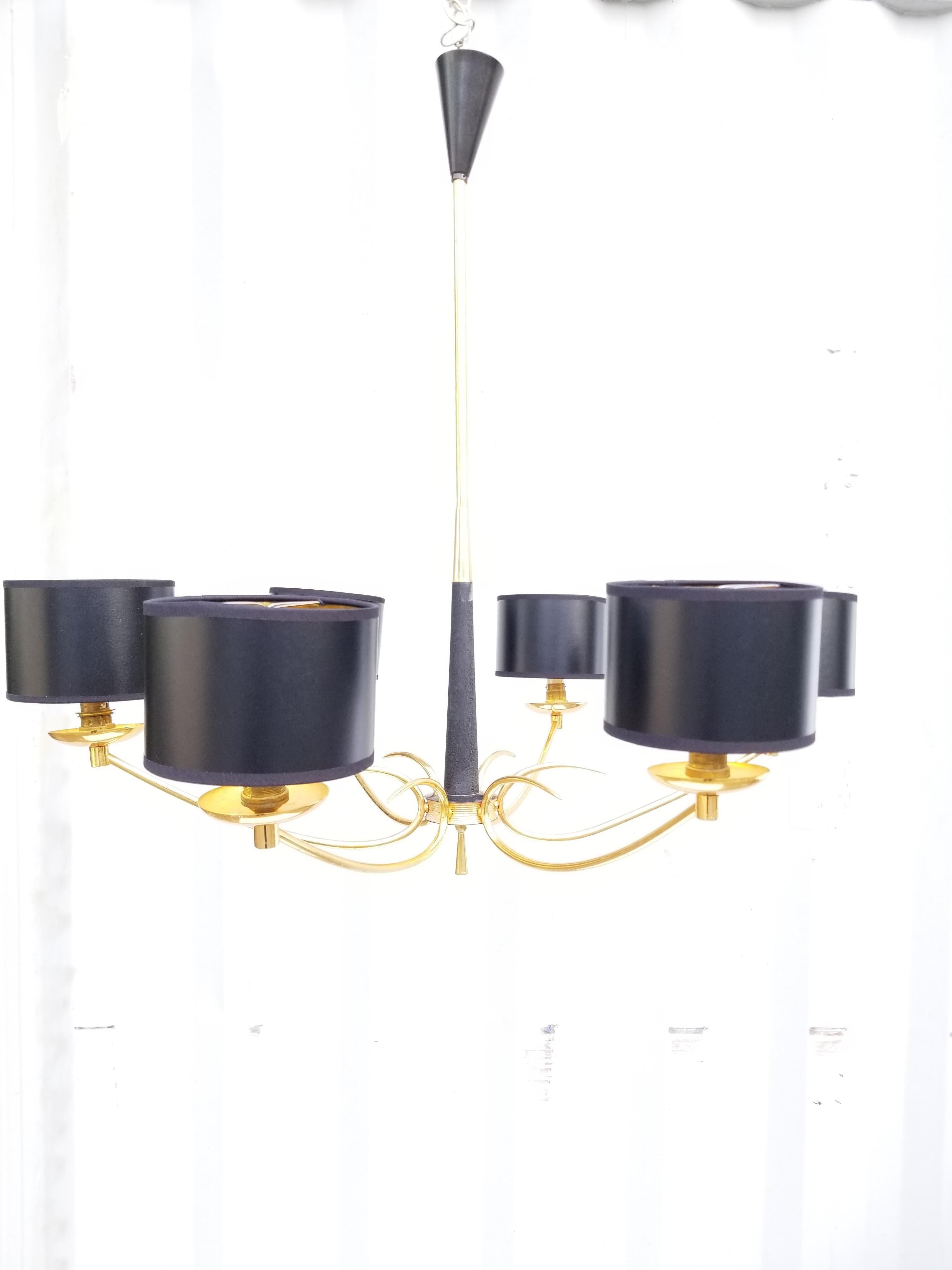 Stilnovo style 6 light chandelier, 2 tone brass and black finish.
40 watts max bulb.
 