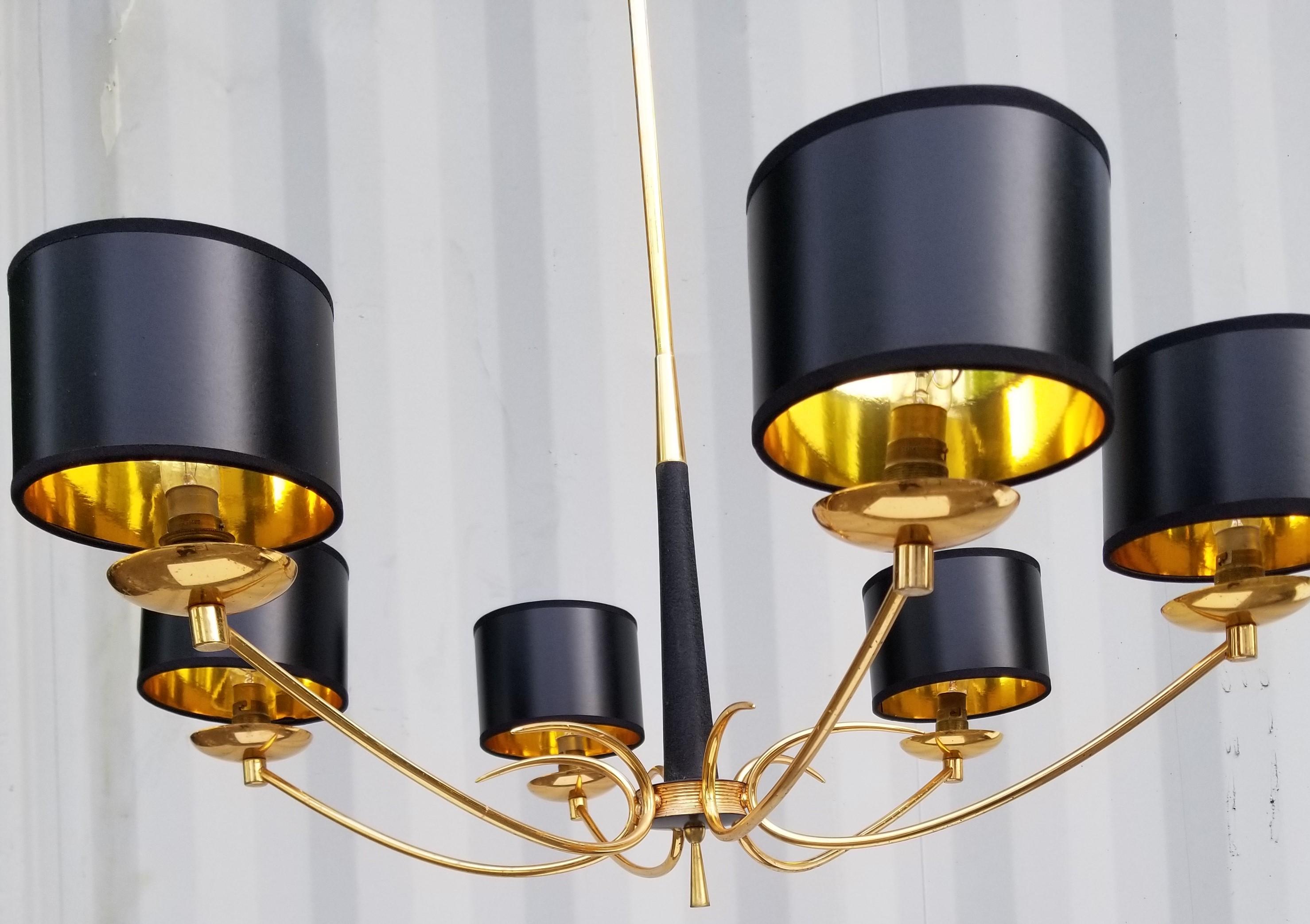 Brass Stilnovo Style 6-Light Chandelier For Sale