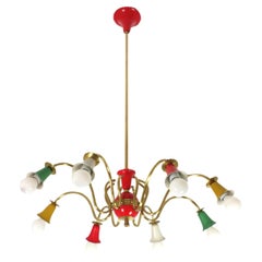 Lustre Stilnovo à 8 branches en laiton avec abat-jour multicolore, Italie 1950