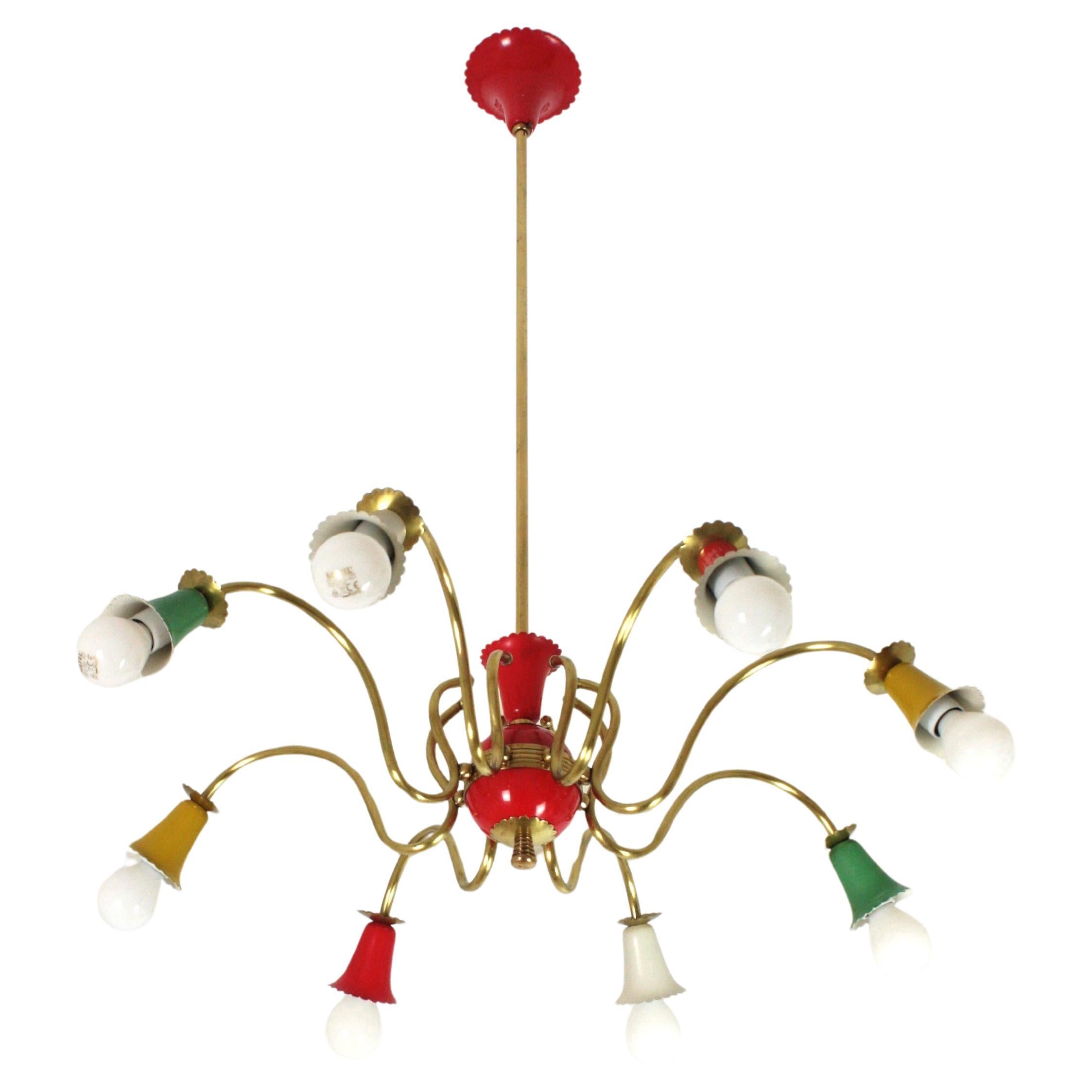 Stilnovo 8-Arm Chandelier in Brass with Multi Color Shades, Italy 1950 For Sale