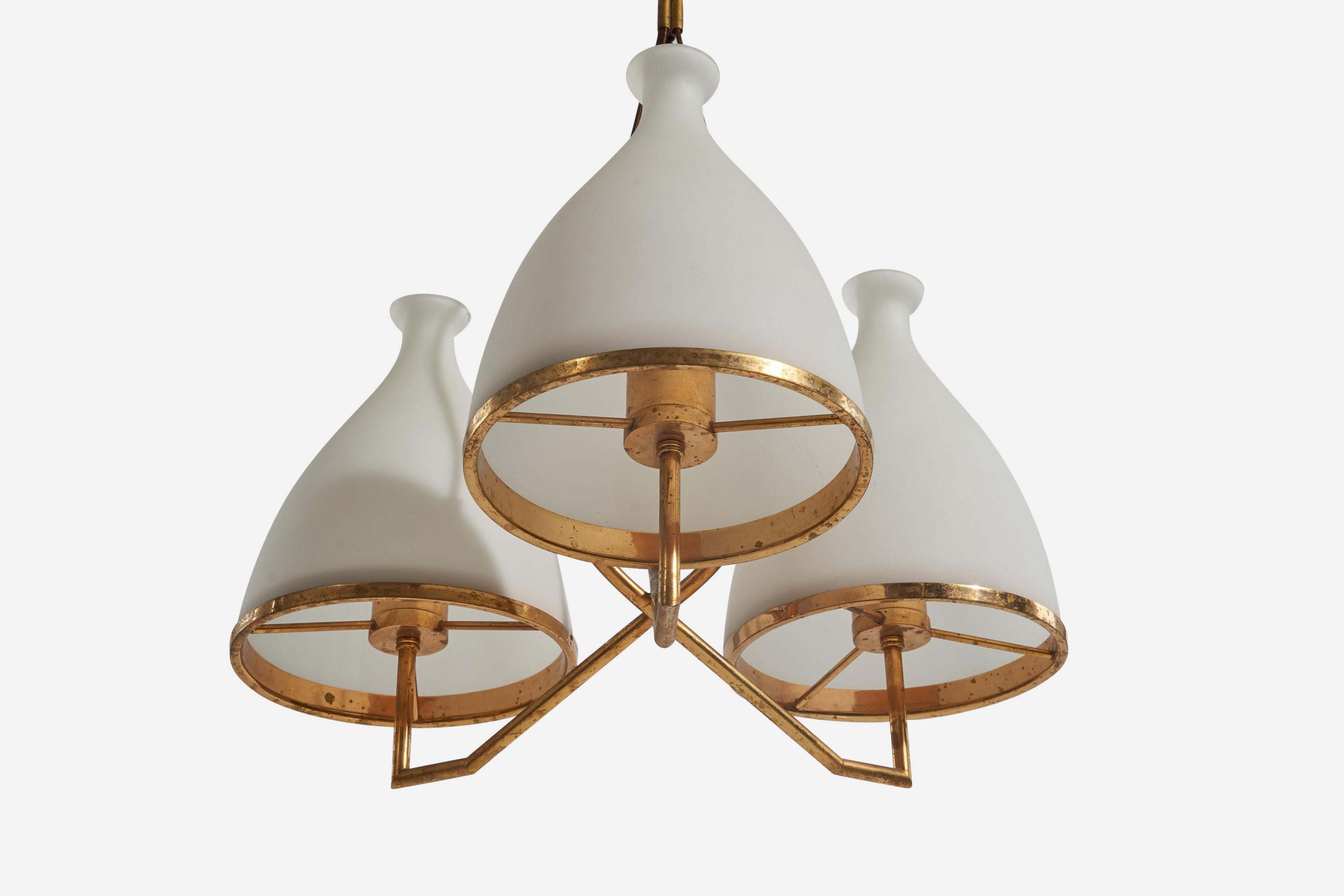 Italian Stilnovo, Adjustable 3-Light Chandelier, Brass, Glass, Italy, 1960s For Sale