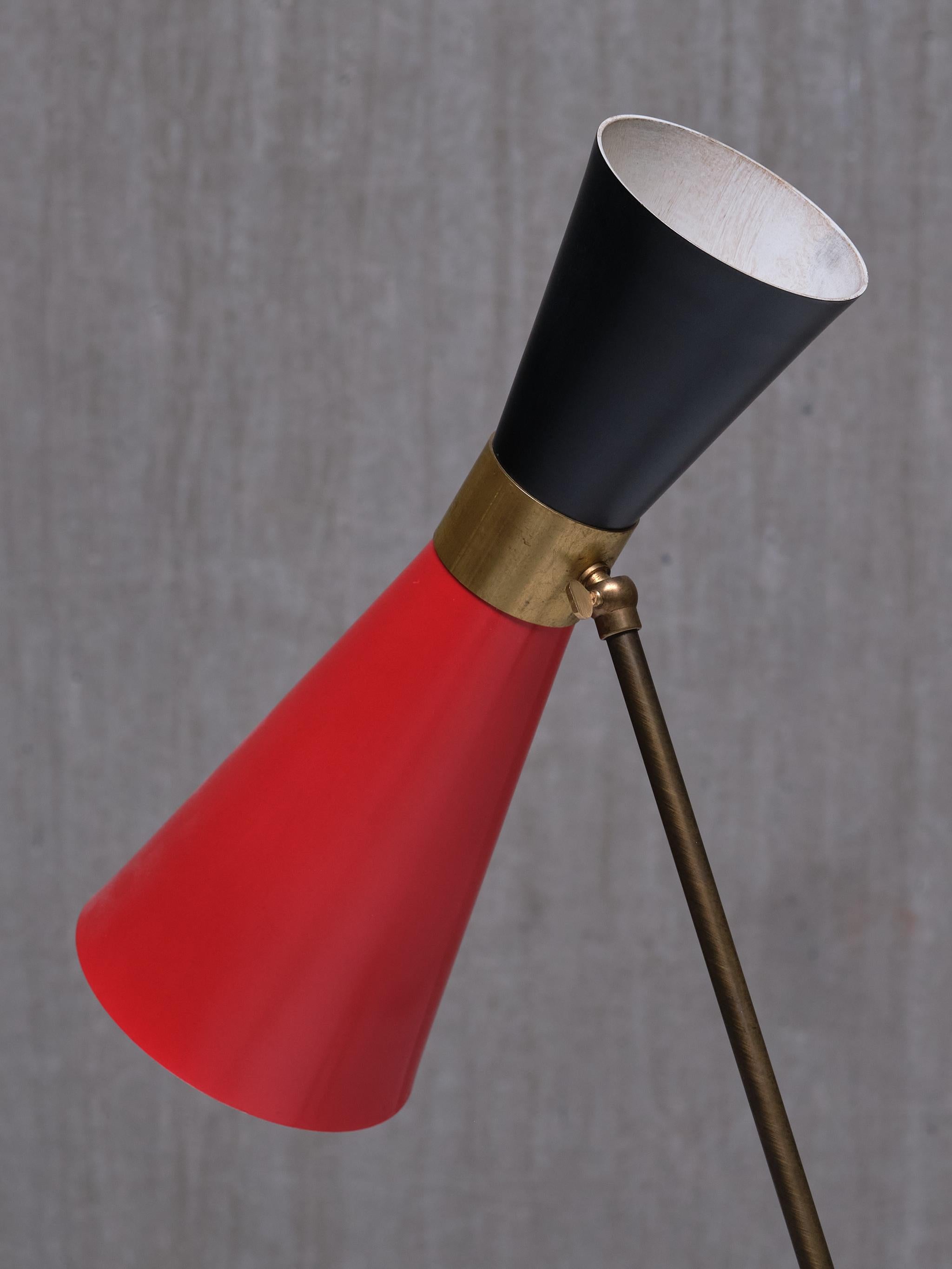 Stilnovo Adjustable Brass Desk Lamp, Black and Red Diabolo Shade, Italy, 1950s For Sale 5
