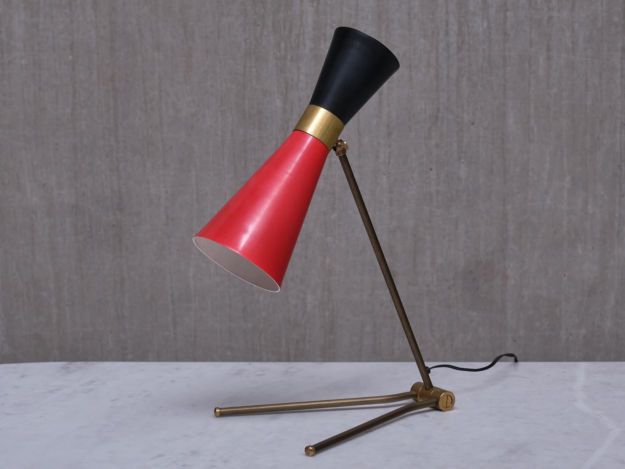 Stilnovo Adjustable Brass Desk Lamp, Black and Red Diabolo Shade, Italy, 1950s For Sale 6