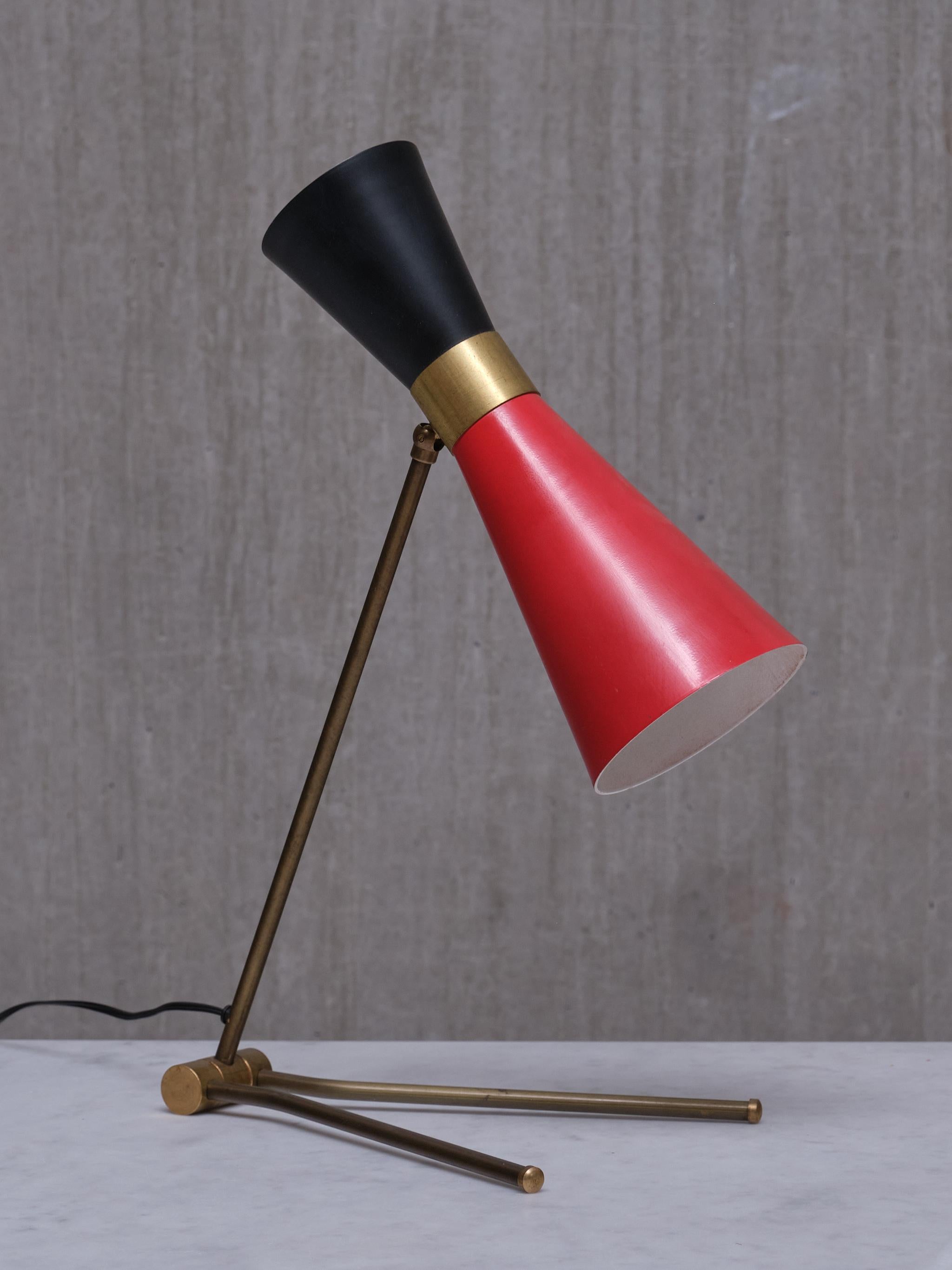 Stilnovo Adjustable Brass Desk Lamp, Black and Red Diabolo Shade, Italy, 1950s For Sale 7