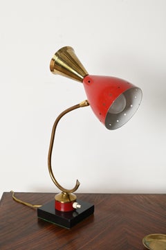 Stilnovo Adjustable Table Lamp in Brass and Red Metal, Italy, 1950s