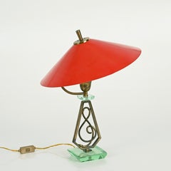 Stilnovo Adjustable Table Lamp in Red Metal, Brass and Green Glass, Italy 1950s