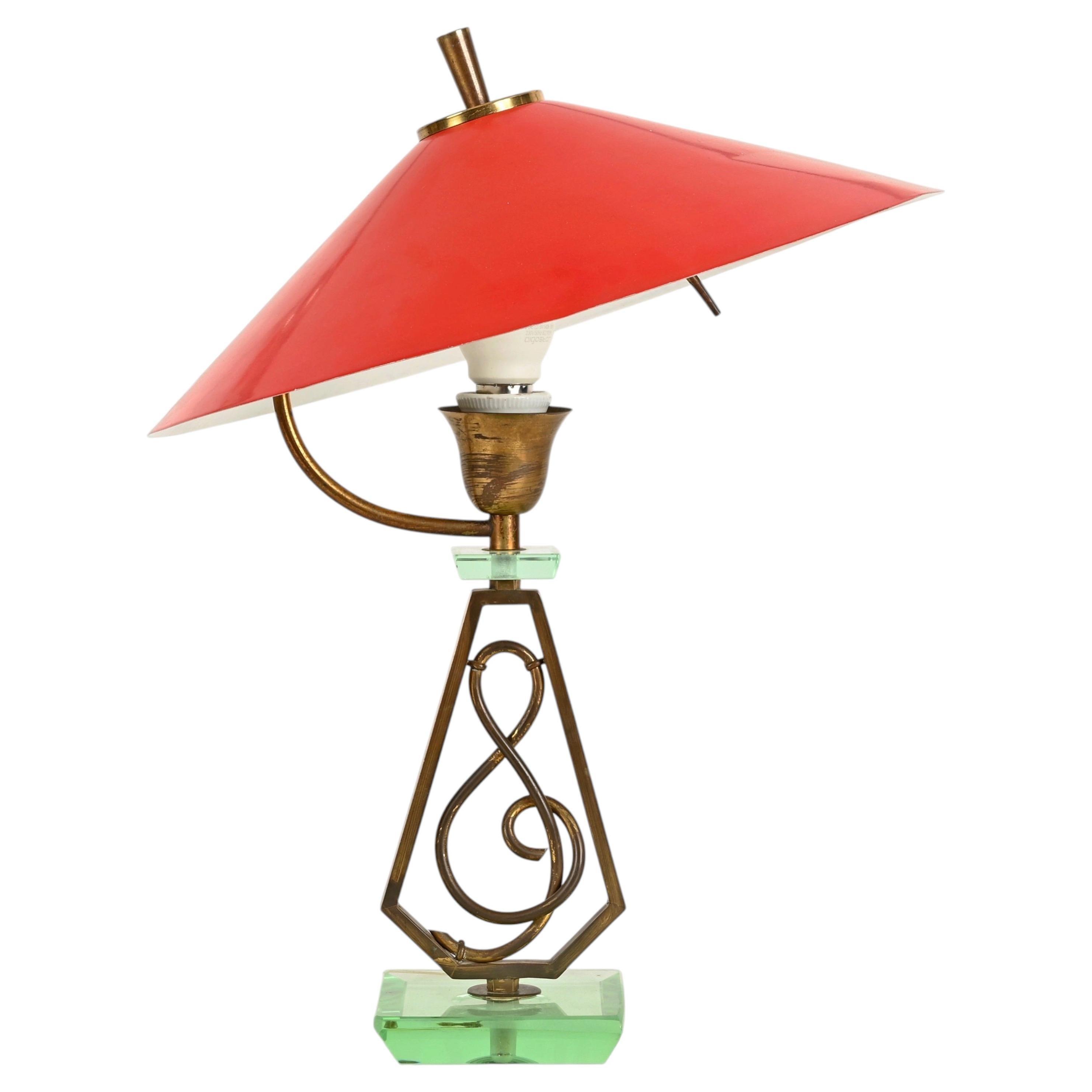 Stilnovo Adjustable Table Lamp in Red Metal, Brass and Green Glass, Italy 1950s