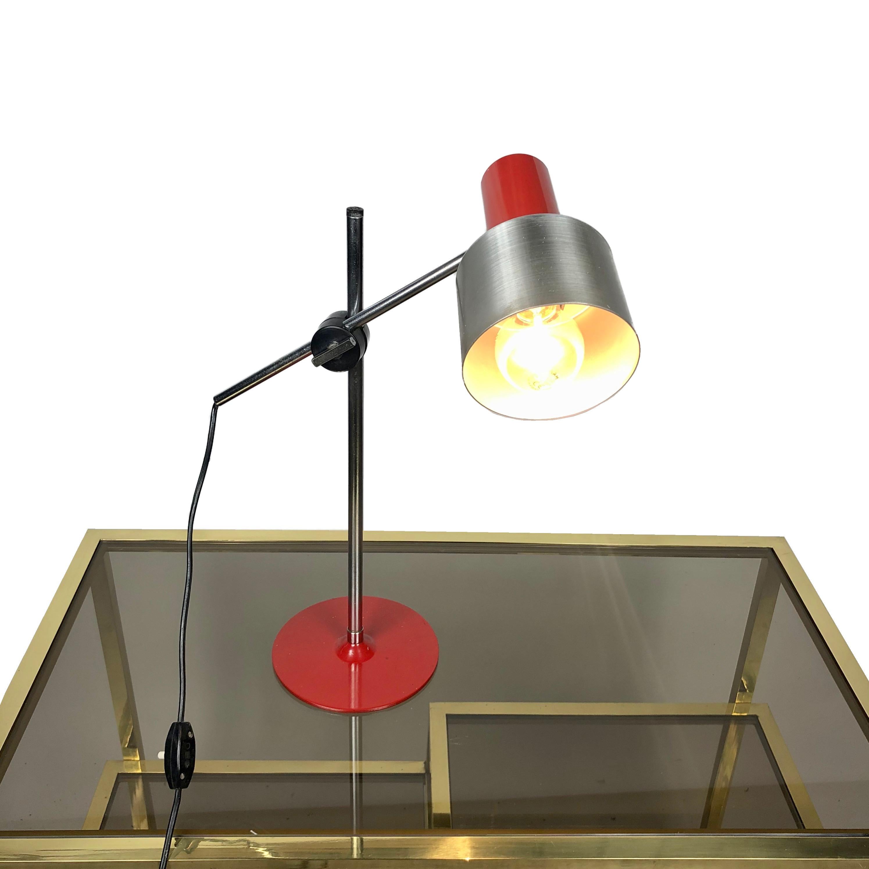 red metal table lamp