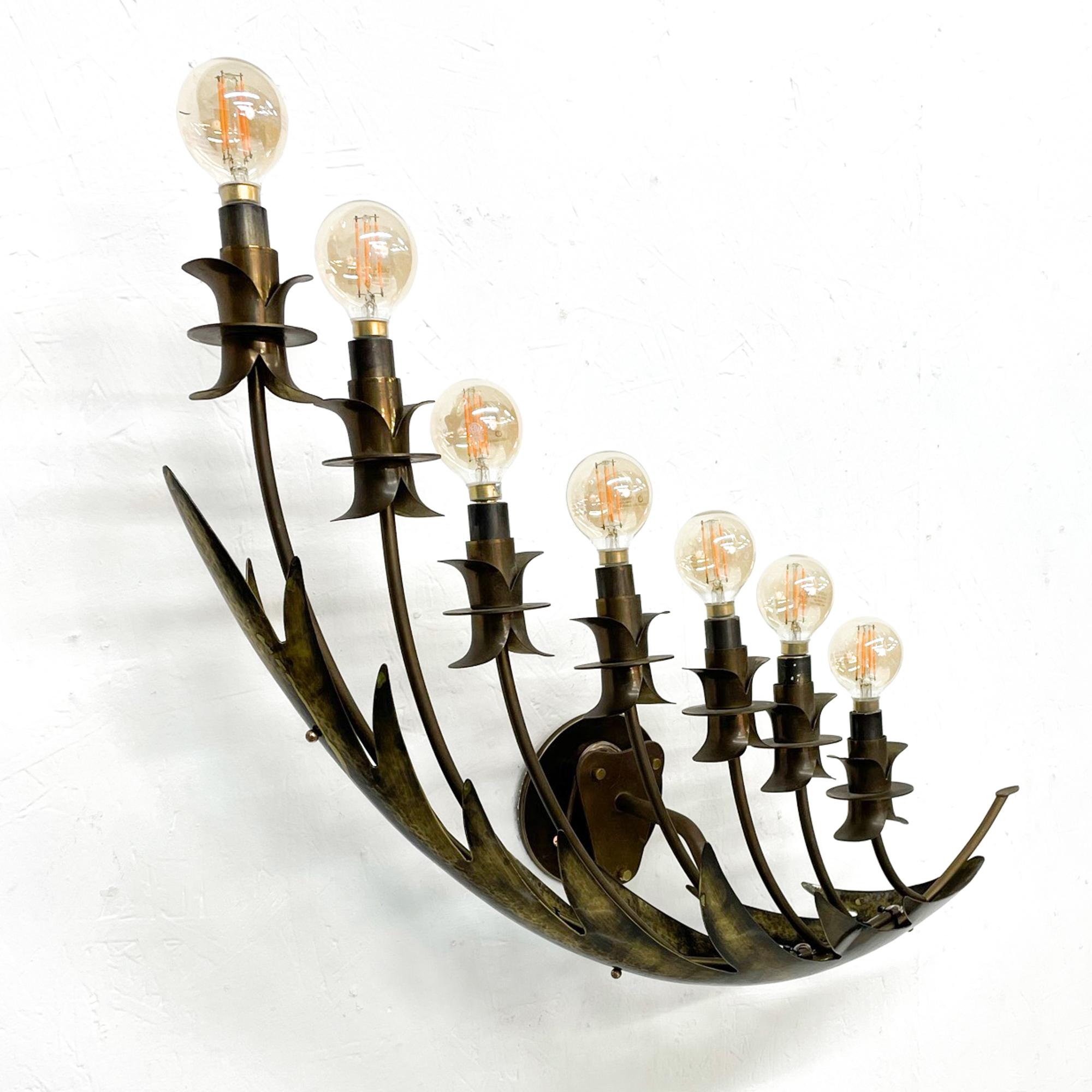 Mid-Century Modern 1950s Stilnovo Wall Sconce Seven Arm Lamp Brass Italy For Sale