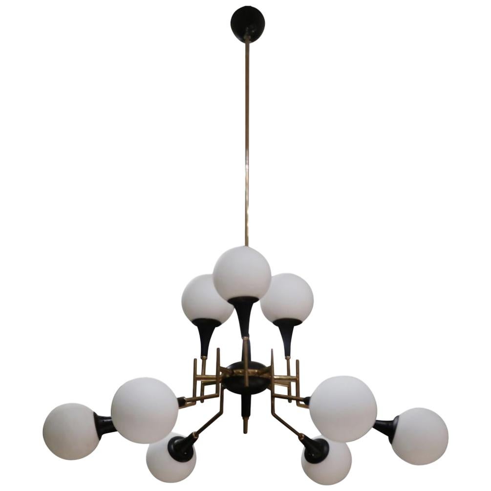 Stilnovo, an Opaline Glass and Brass Midcentury Ceiling Lamp, Italy, 1950 For Sale