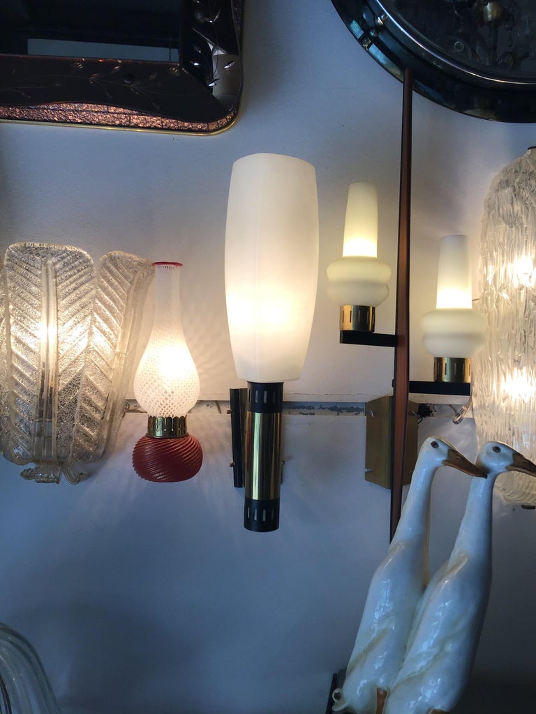 Stilnovo Style Appliqués Opaline Glass Iron Brass, 1950