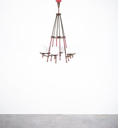 Stilnovo Attr. Chandelier Opal Glass and Brass Orbit, Italy, 1950