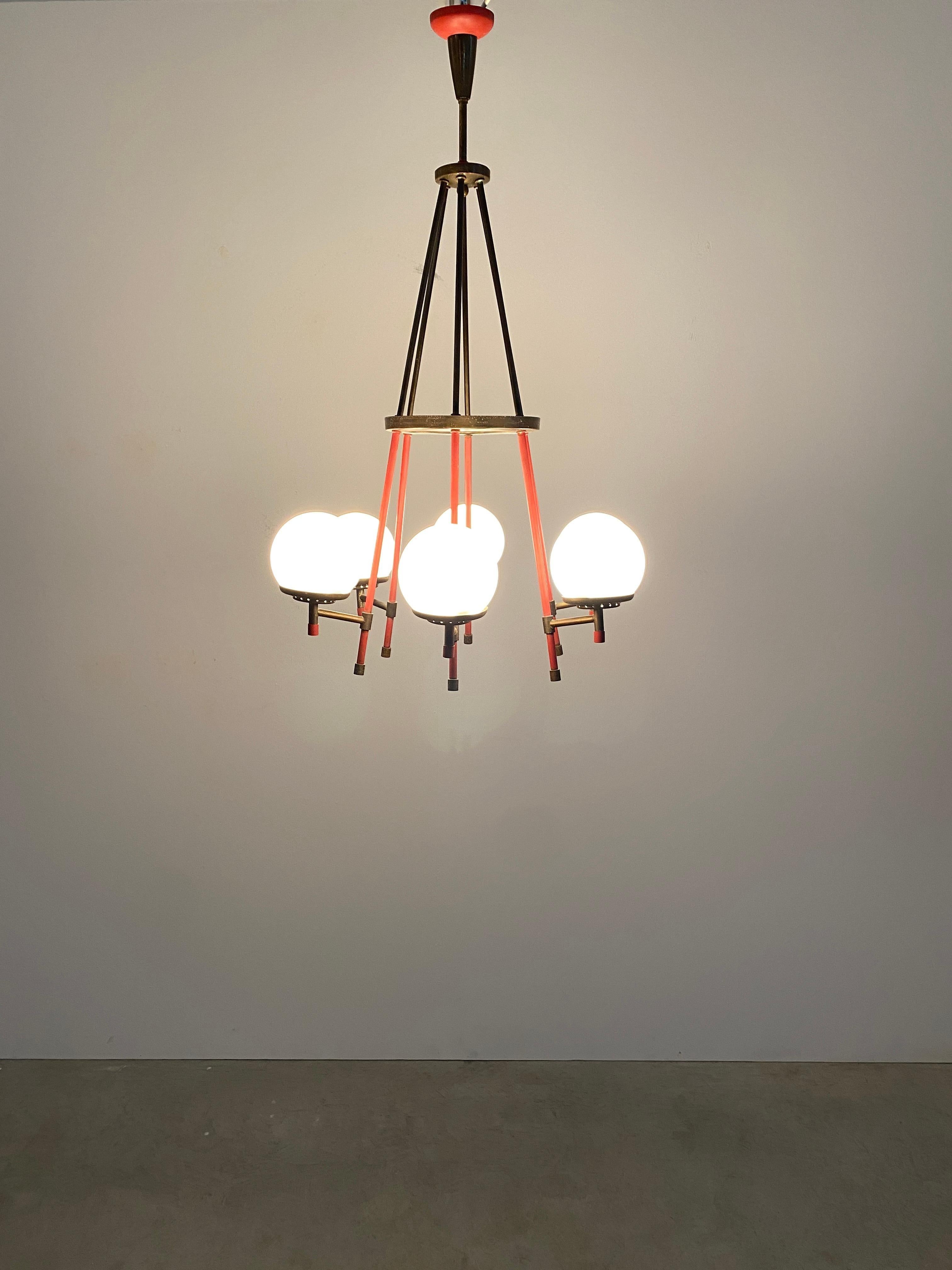 Mid-Century Modern Stilnovo Attr. Chandelier Opal Glass and Brass Orbit, Italy, 1950 For Sale