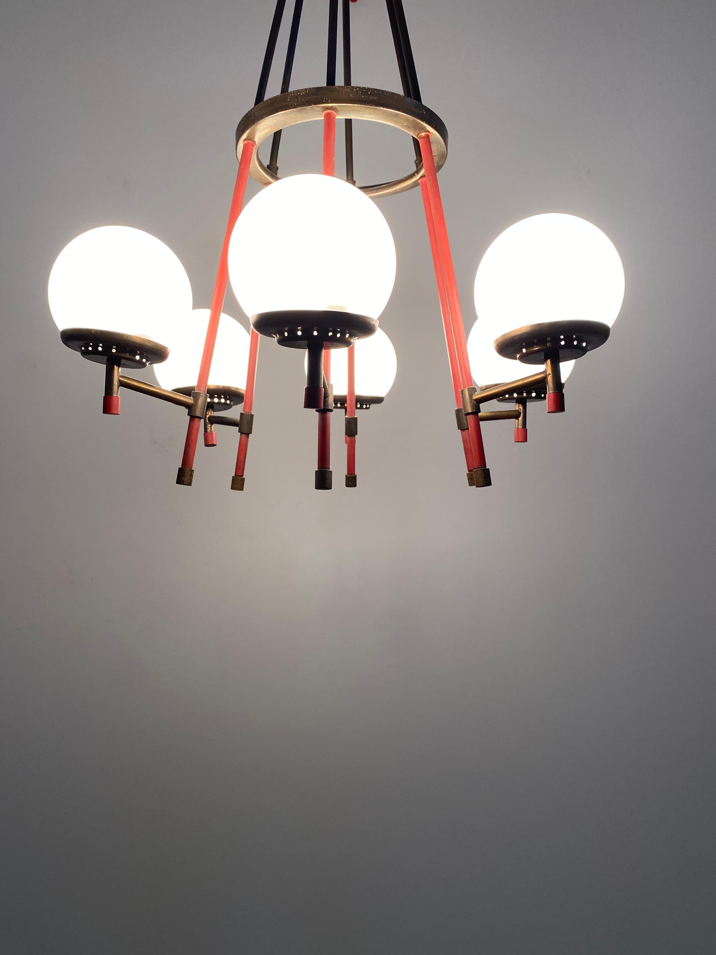 Lacquered Stilnovo Attr. Chandelier Opal Glass and Brass Orbit, Italy, 1950 For Sale