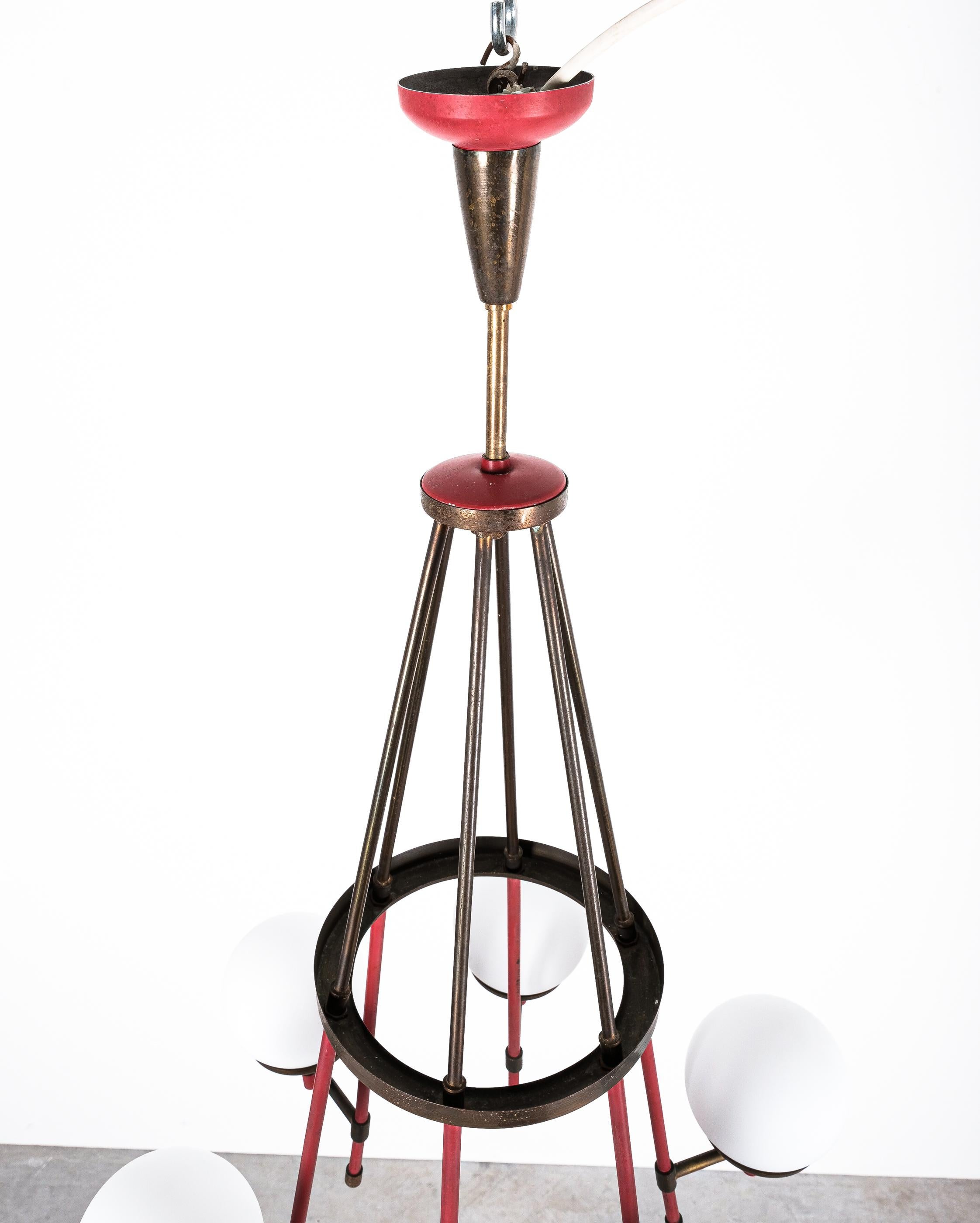 Mid-20th Century Stilnovo Attr. Chandelier Opal Glass and Brass Orbit, Italy, 1950 For Sale