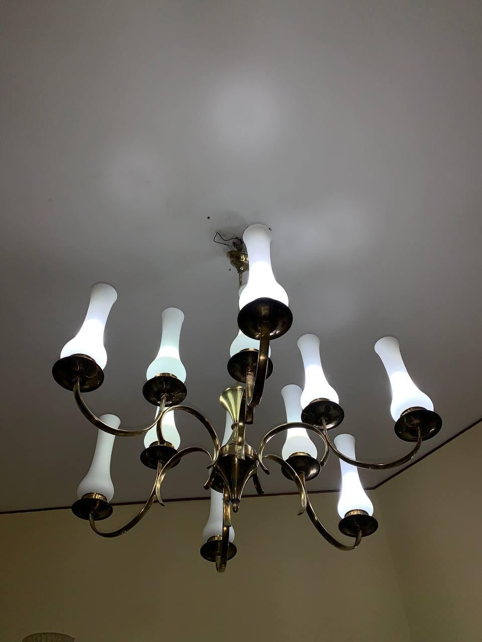 Stilnovo original brass and opal glass attr  Italy, 1950s' (12 lights) For Sale 2