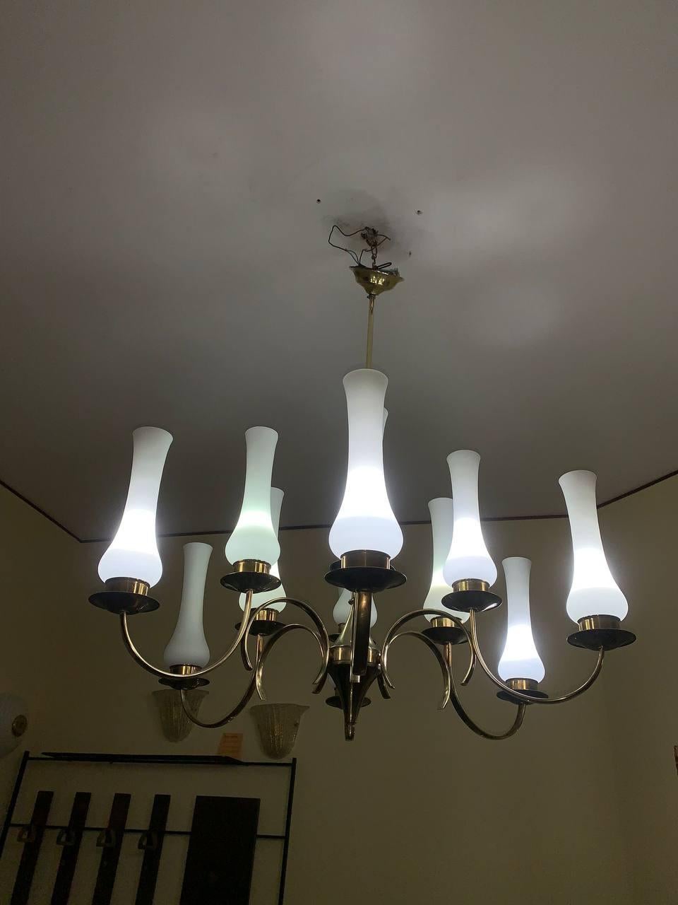 Mid-Century Modern Stilnovo original brass and opal glass attr  Italy, 1950s' (12 lights) For Sale