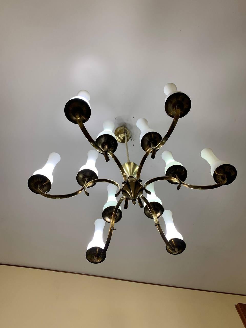 Italian Stilnovo original brass and opal glass attr  Italy, 1950s' (12 lights) For Sale