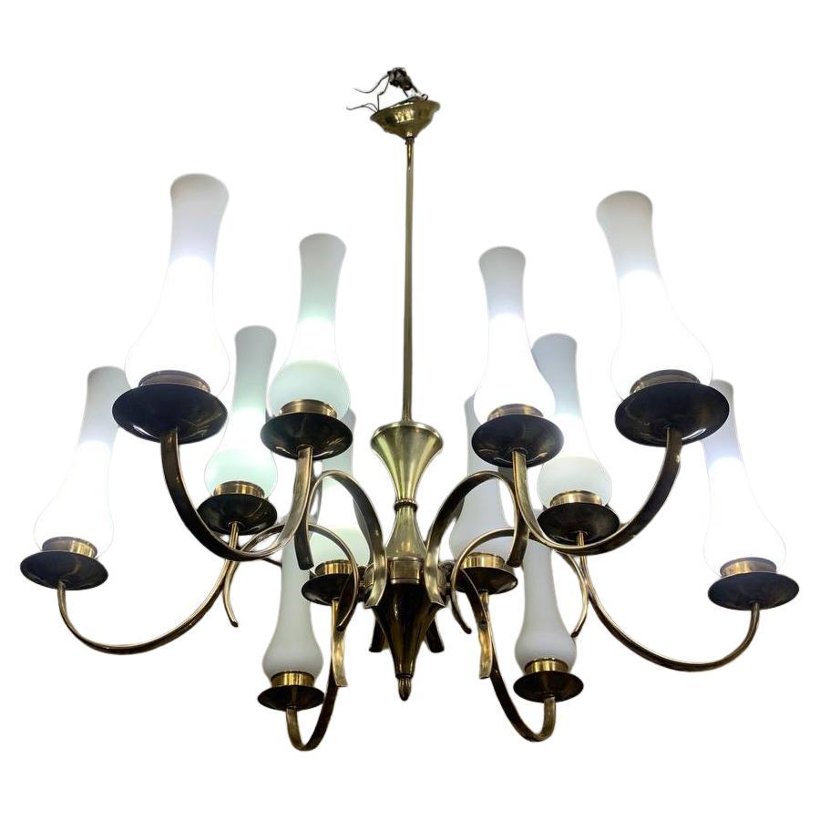 Stilnovo original brass and opal glass attr  Italy, 1950s' (12 lights) For Sale