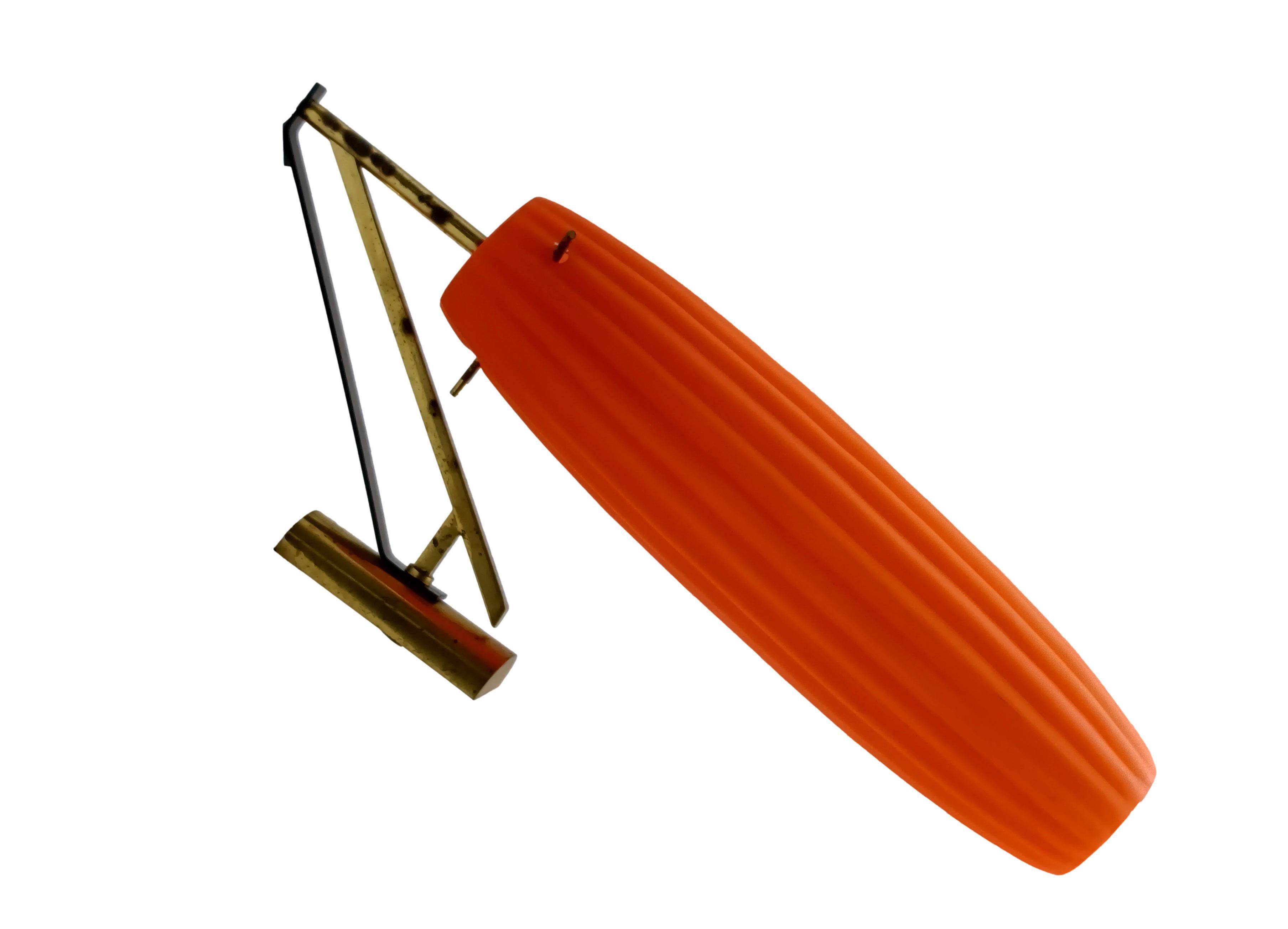 Mid-Century Modern Stilnovo Attrib. Brass and Orange Glass Wall Lamp, Italy 1960s For Sale