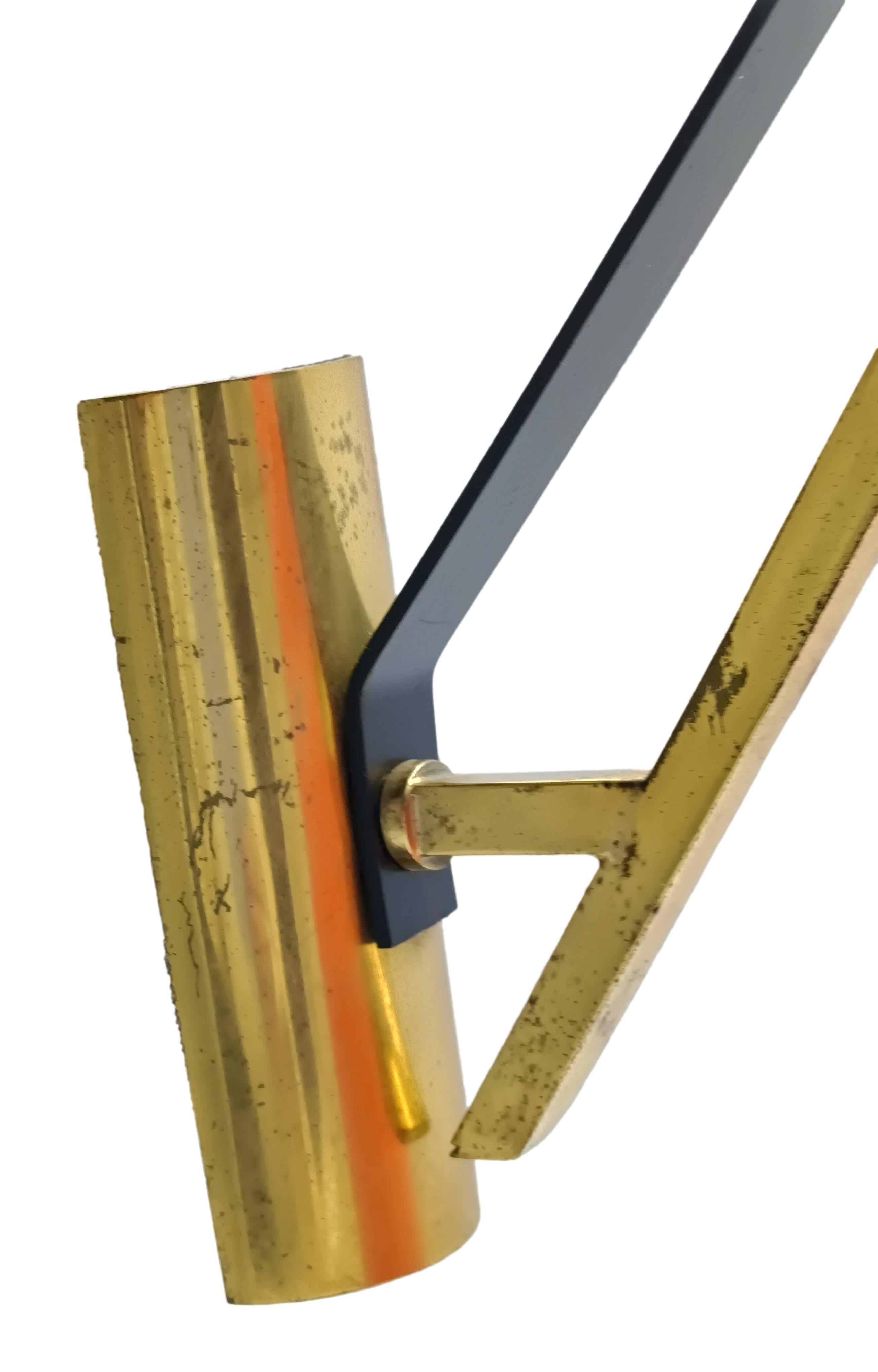 Mid-20th Century Stilnovo Attrib. Brass and Orange Glass Wall Lamp, Italy 1960s For Sale