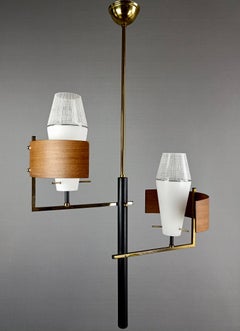 Stilnovo Attributable 1950s Italian Brass, Teak and Glass Shades Pendant Lamp