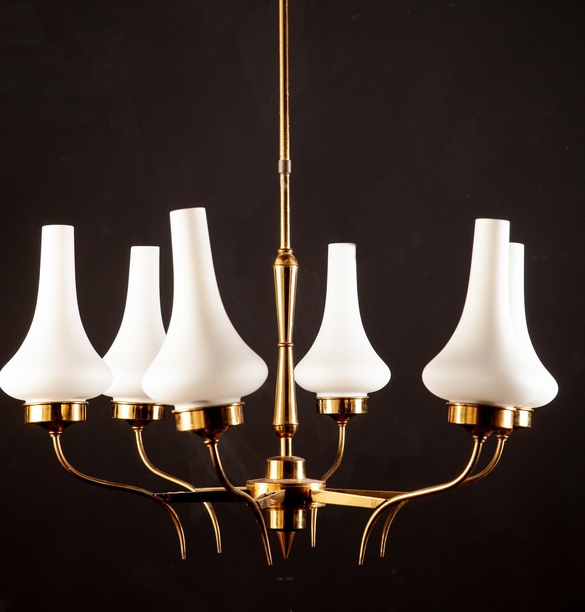 Stilnovo Attributed Brass and Murano Glass Chandelier, Italy, 1960s 4