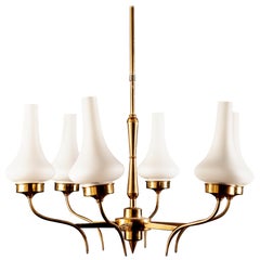 Stilnovo Attributed Brass and Murano Glass Chandelier, Italy, 1960s