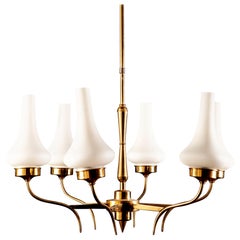 Stilnovo Attributed Brass and Murano Glass Chandelier, Italy, 1960s
