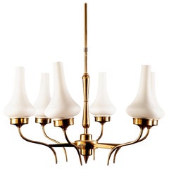 Stilnovo Attributed Brass and Murano Glass Chandelier, Italy, 1960s