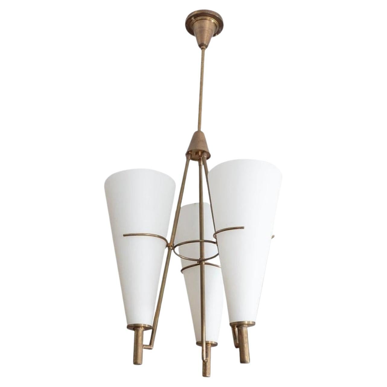 Stilnovo Attributed Glass & Brass Pendant Light For Sale