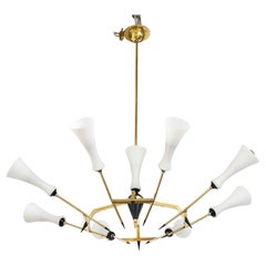 Grand lustre moderniste en laiton à 8 bras, attribué à Stilnovo, design des années 1960