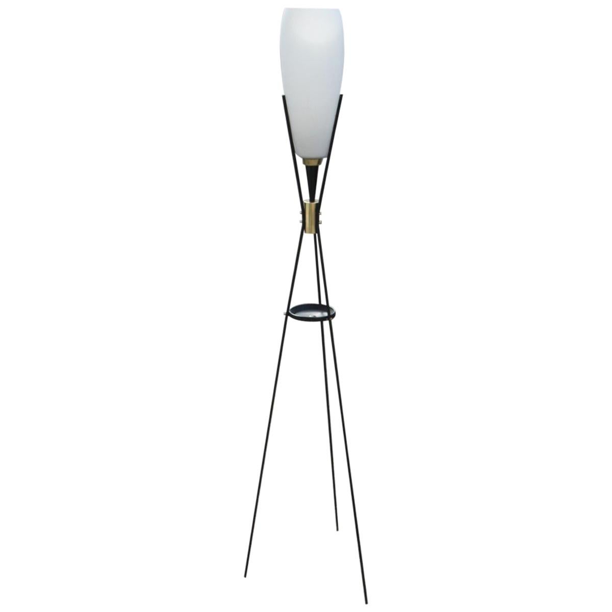 Stilnovo Attributed Midcentury Floor Lamp Italian Design Black Brass White Glass