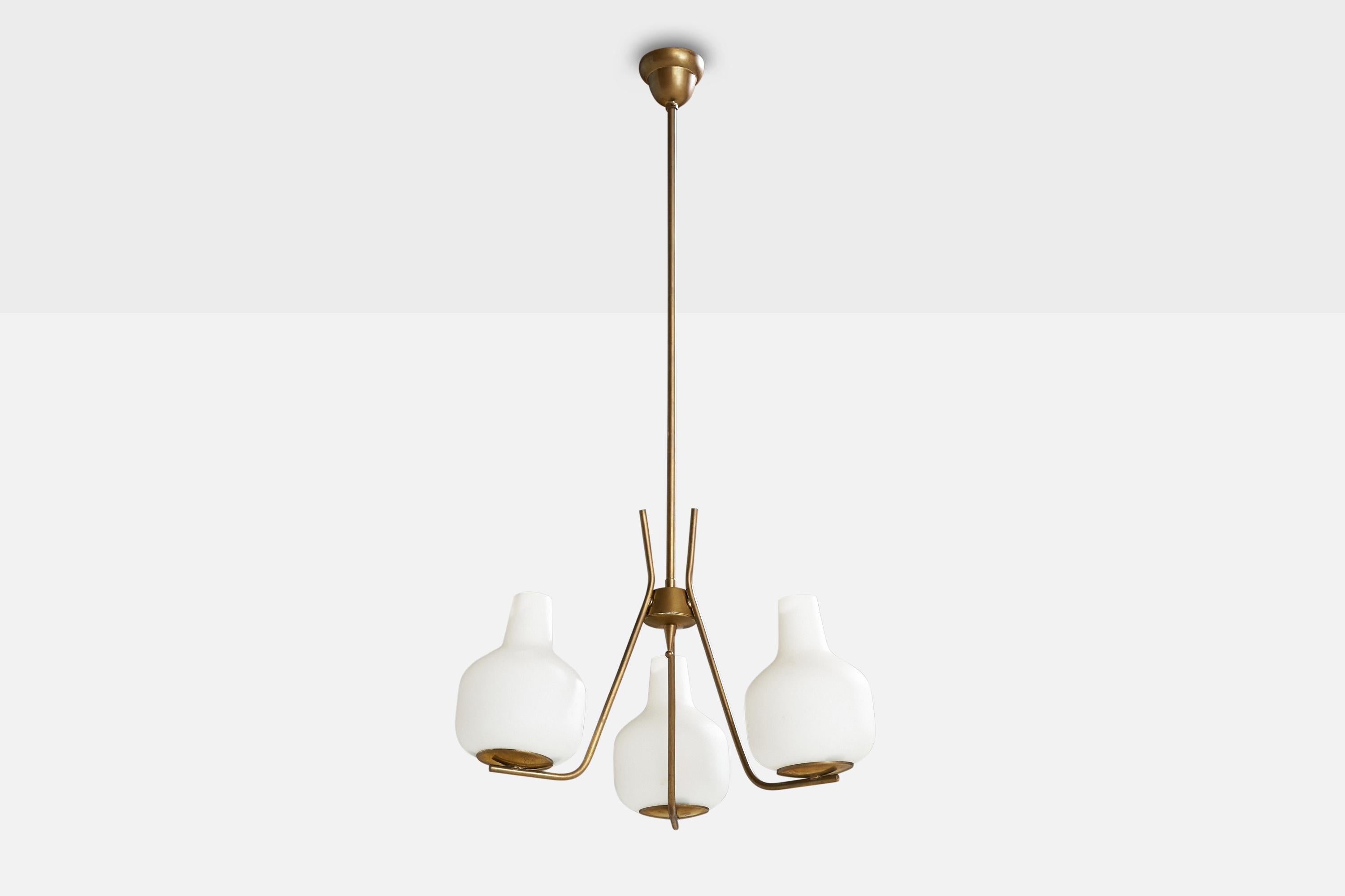 A brass and opaline glass chandelier attributed to Stilnovo, Italy, 1950s

Dimensions of canopy (inches): 2.25”  H x 3” Diameter
Socket takes standard E-14 bulbs. 3 sockets There is no maximum wattage stated on the fixture. All lighting will be