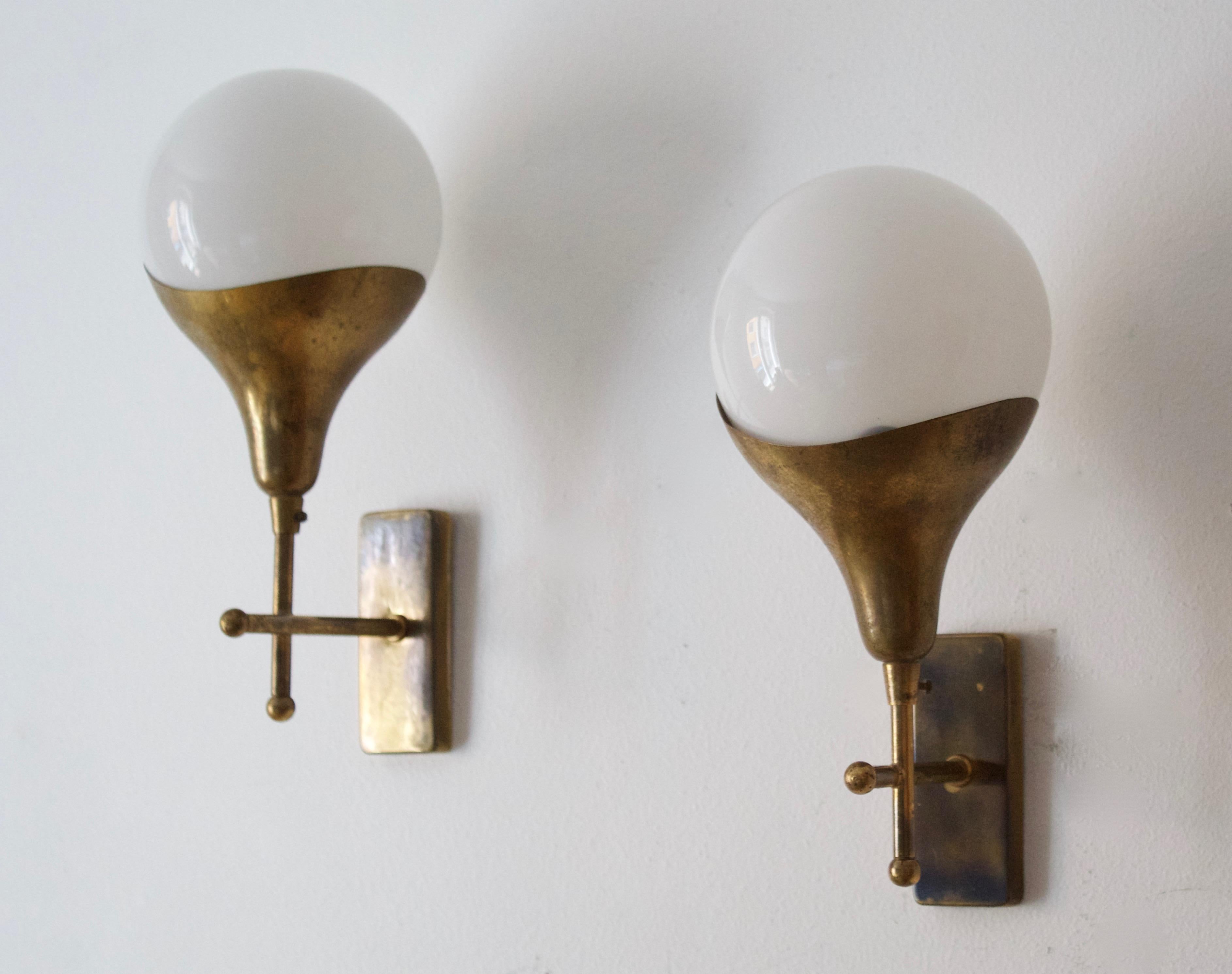 Italian Stilnovo 'Attribution' Modernist Wall Lights / Sconces, Glass Brass, Italy 1950s