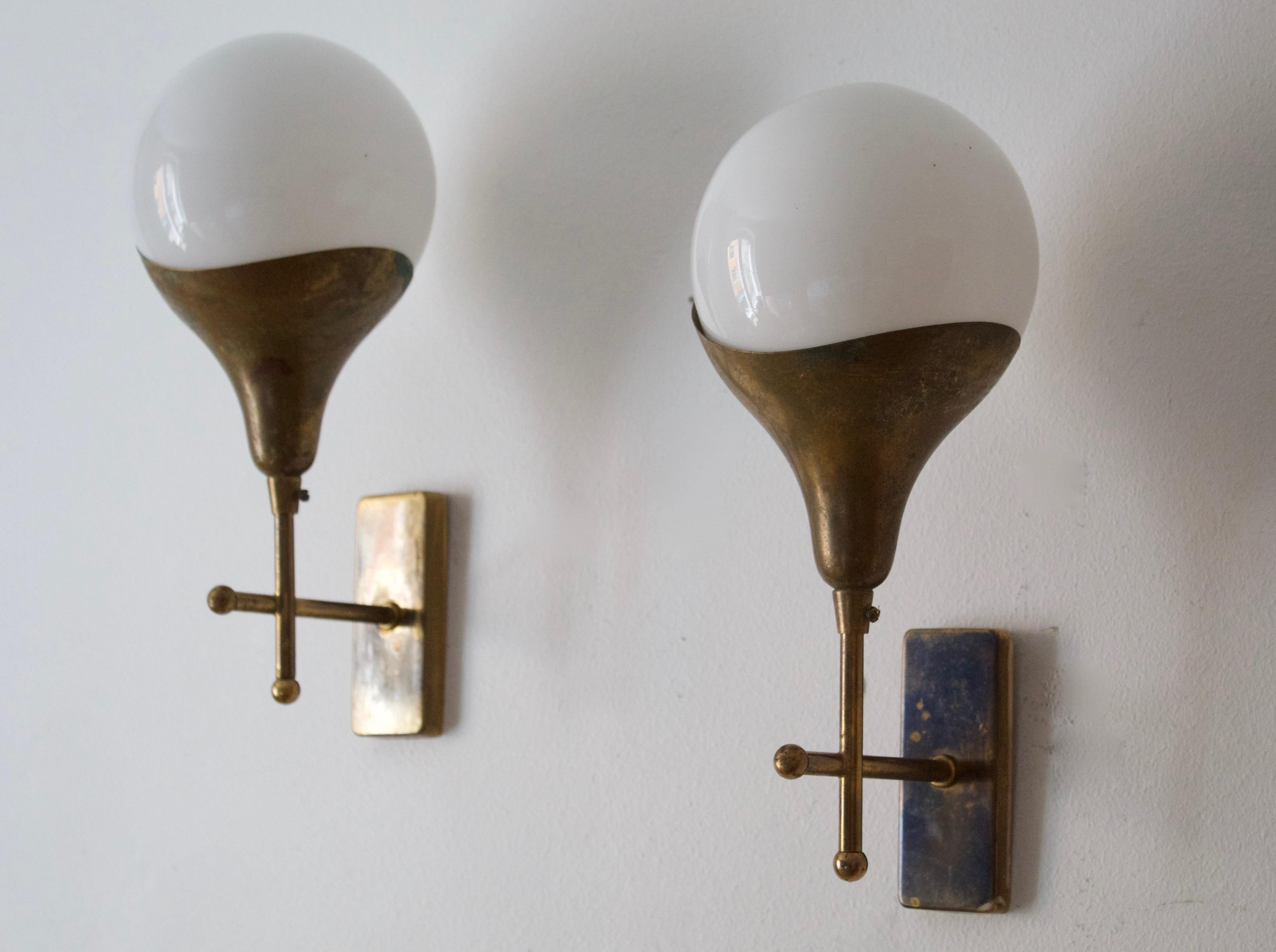Italian Stilnovo 'attribution' Modernist Wall Lights / Sconces, Glass Brass, Italy 1950s