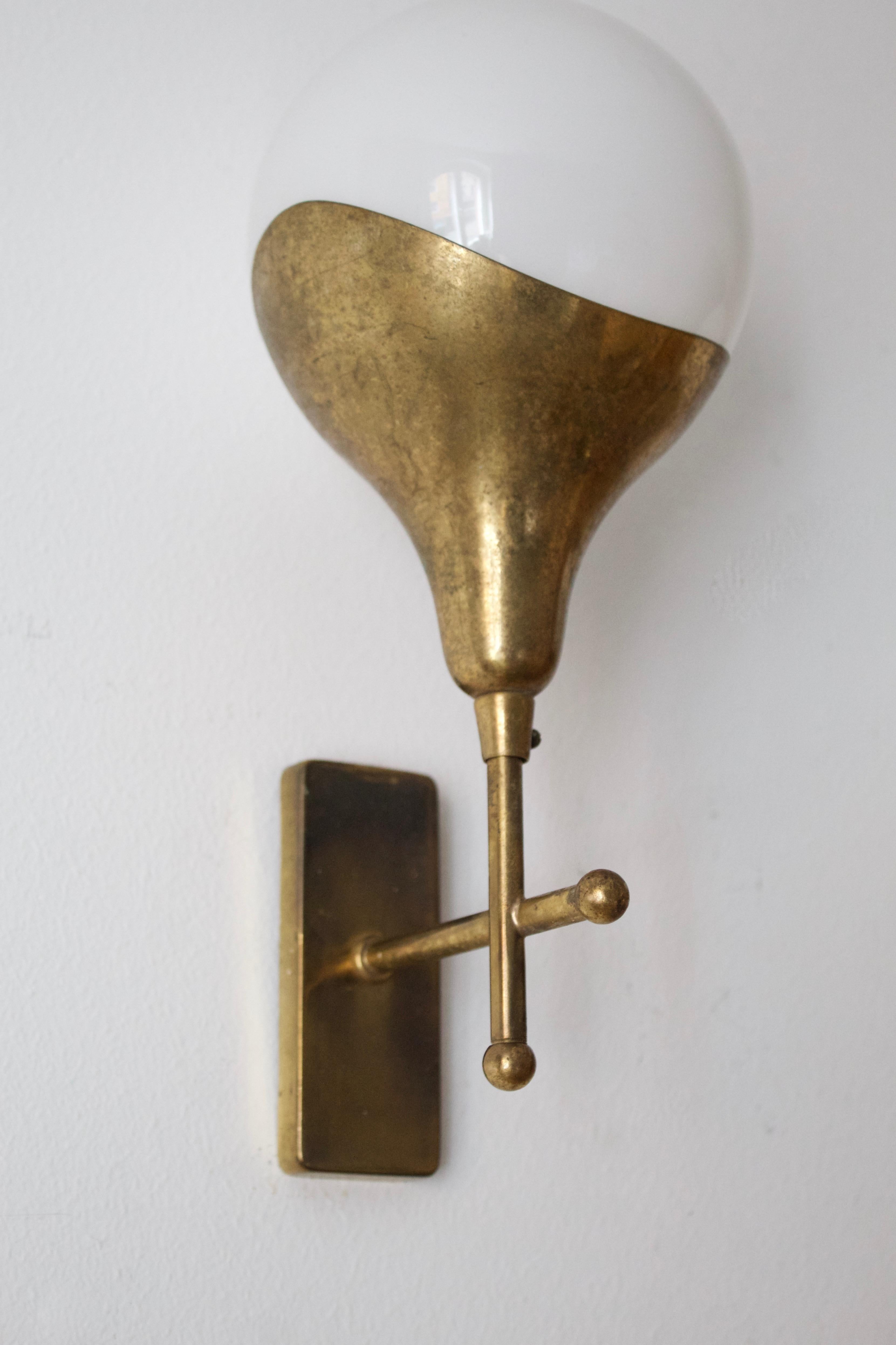 Stilnovo 'Attribution' Modernist Wall Lights / Sconces, Glass Brass, Italy 1950s In Good Condition In High Point, NC