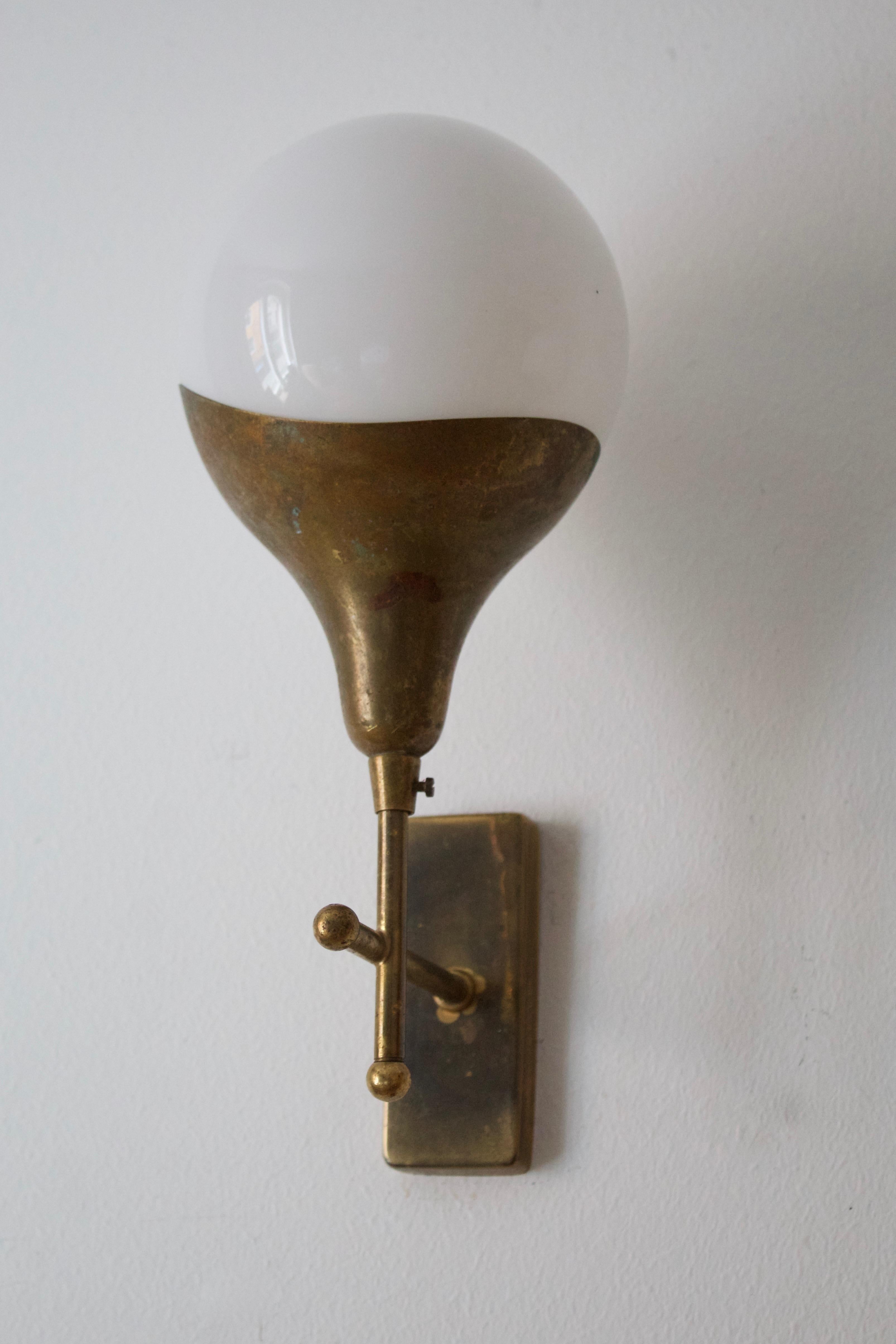 Stilnovo 'attribution' Modernist Wall Lights / Sconces, Glass Brass, Italy 1950s In Good Condition In High Point, NC