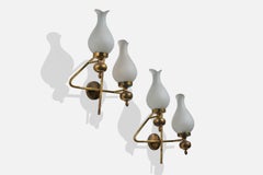 Stilnovo Attribution, Wall Lights, Brass, Glass, Italy, 1950s