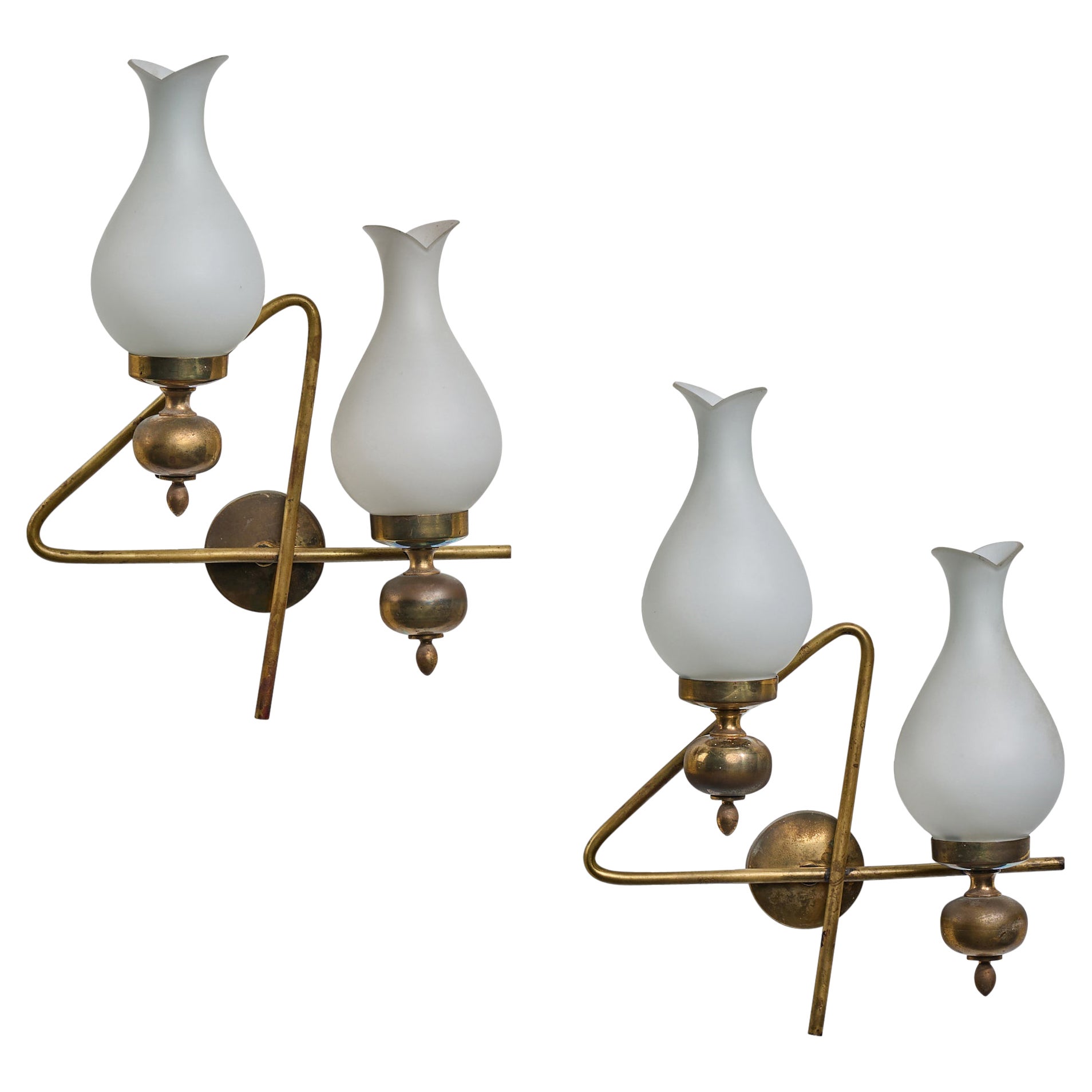Stilnovo Attribution, Wall Lights, Brass, Glass, Italy, 1950s For Sale