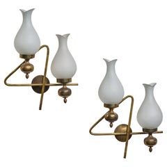 Stilnovo Attribution, Wall Lights, Brass, Glass, Italy, 1950s