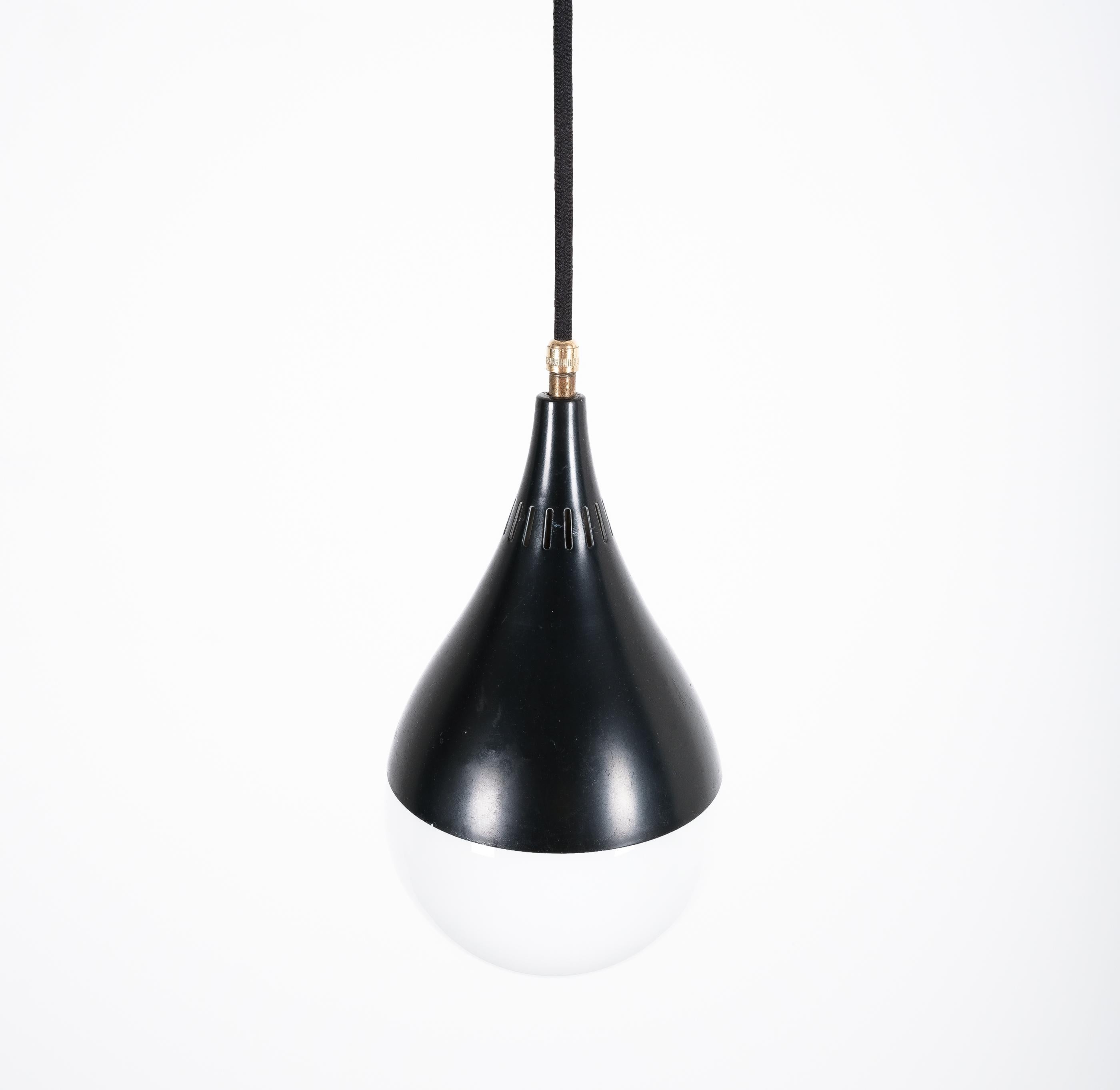 Stilnovo Black Ball Pendant Lamps '5' Opal Glass, circa 1950 In Good Condition For Sale In Vienna, AT