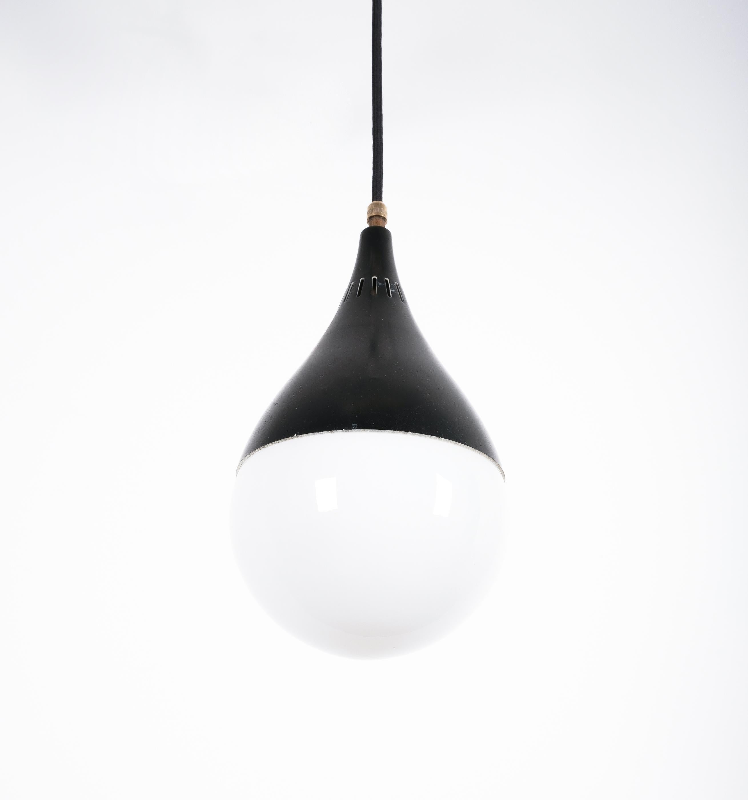 Aluminum Stilnovo Black Ball Pendant Lamps '5' Opal Glass, circa 1950 For Sale