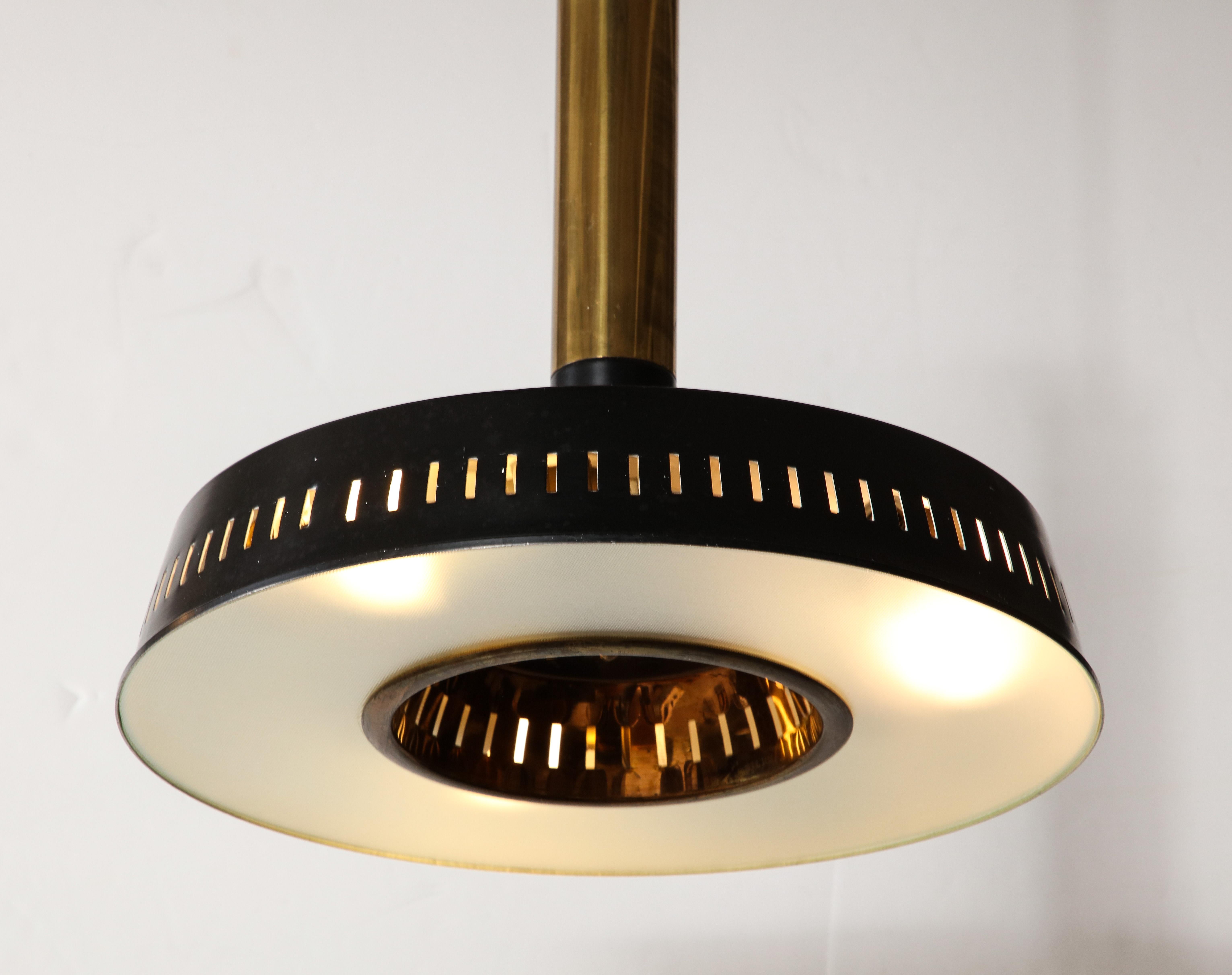 Stilnovo Black & Brass Suspension Chandelier, Textured Glass, Italy, c. 1960’s For Sale 6