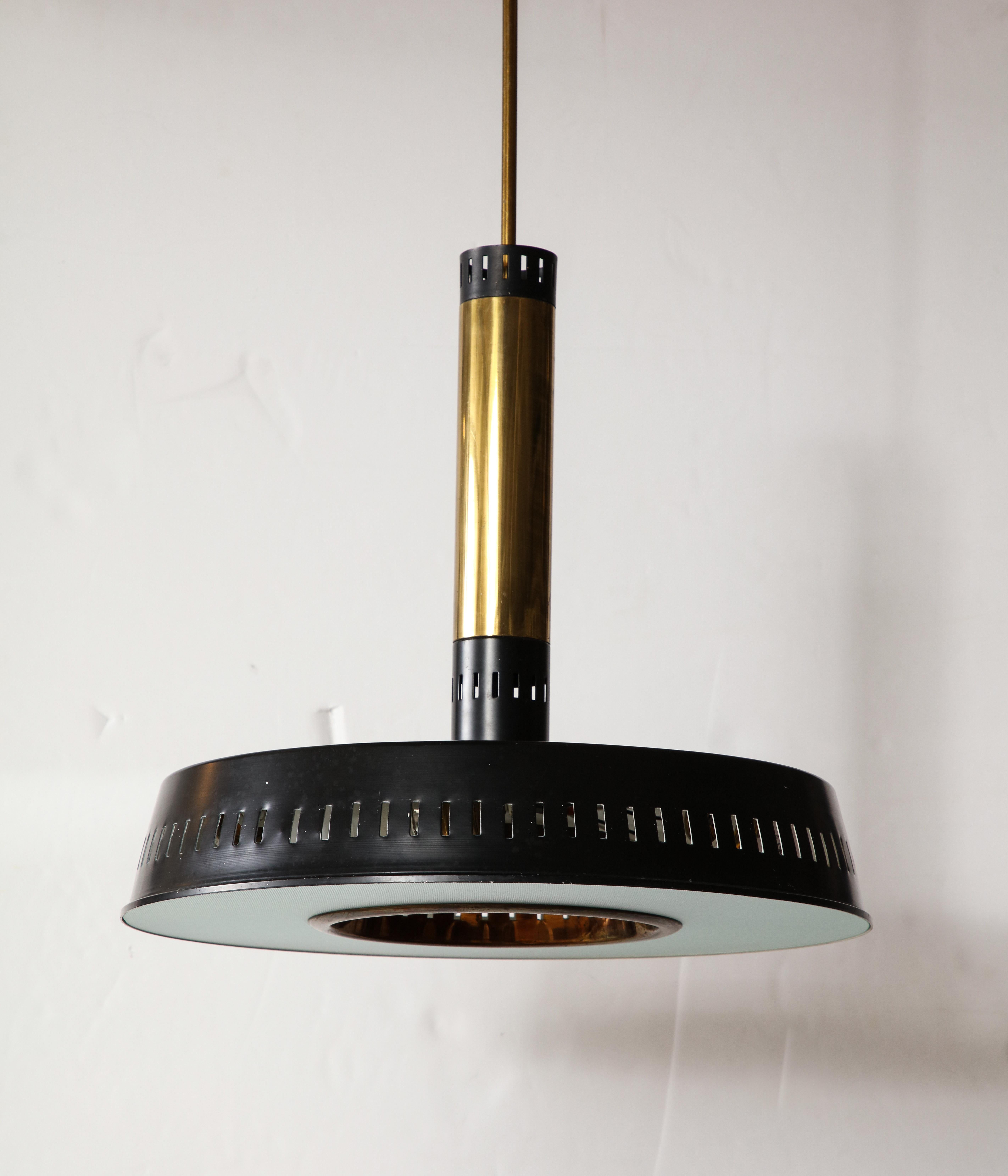 Mid-Century Modern Stilnovo Black & Brass Suspension Chandelier, Textured Glass, Italy, c. 1960’s For Sale