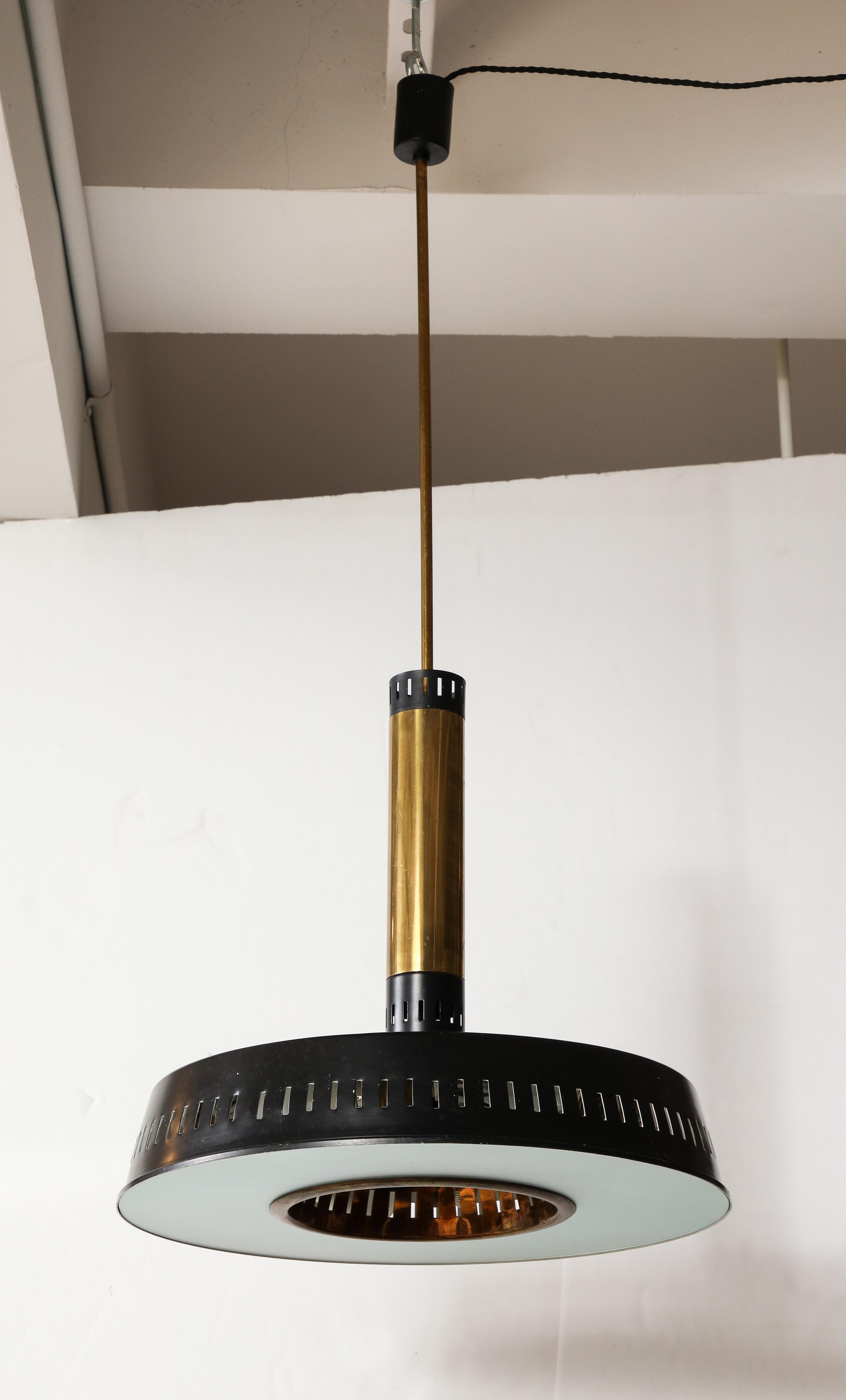 Stilnovo Black & Brass Suspension Chandelier, Textured Glass, Italy, c. 1960’s In Good Condition For Sale In Brooklyn, NY