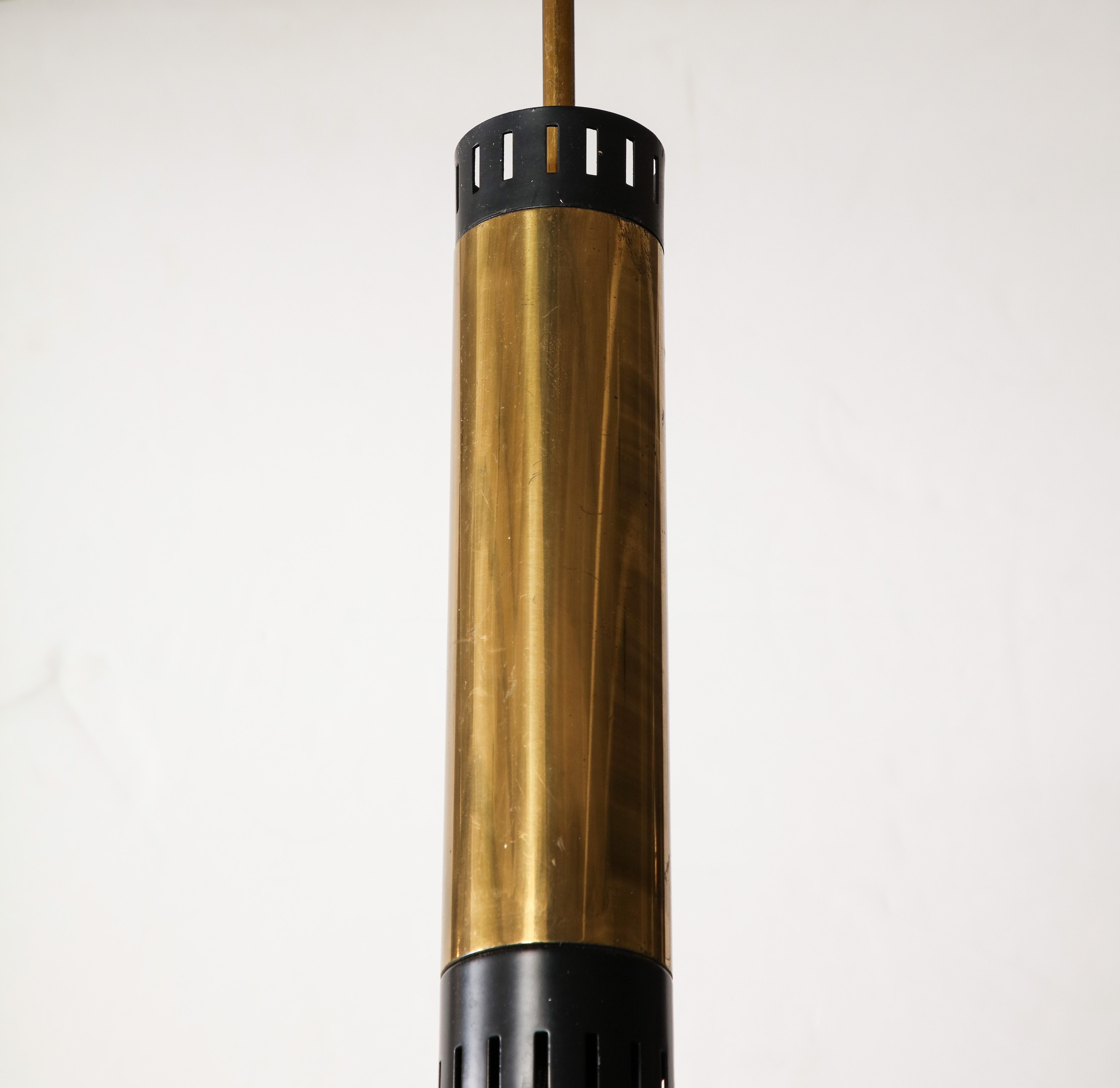 Stilnovo Black & Brass Suspension Chandelier, Textured Glass, Italy, c. 1960’s For Sale 1
