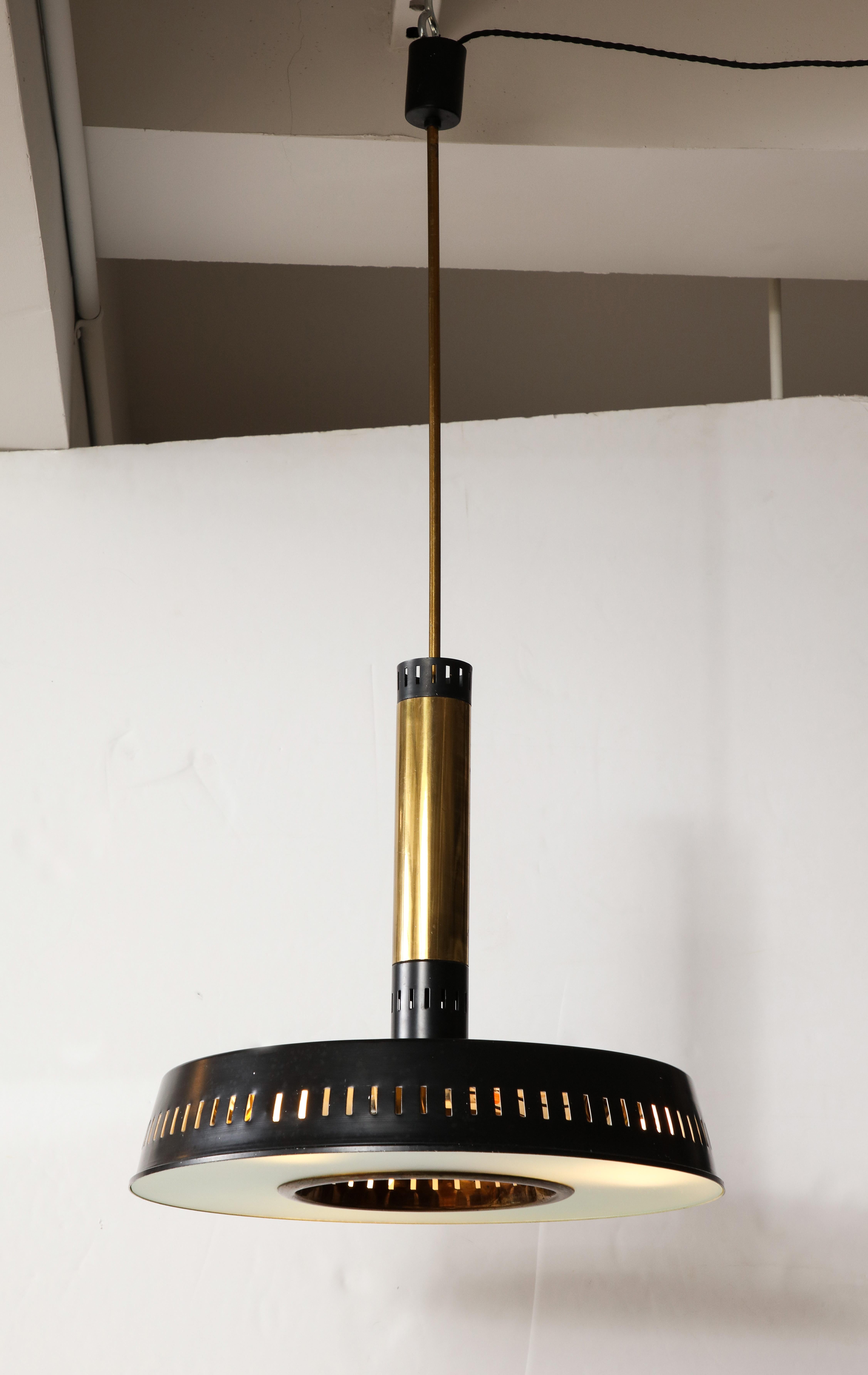 Stilnovo Black & Brass Suspension Chandelier, Textured Glass, Italy, c. 1960’s For Sale 3