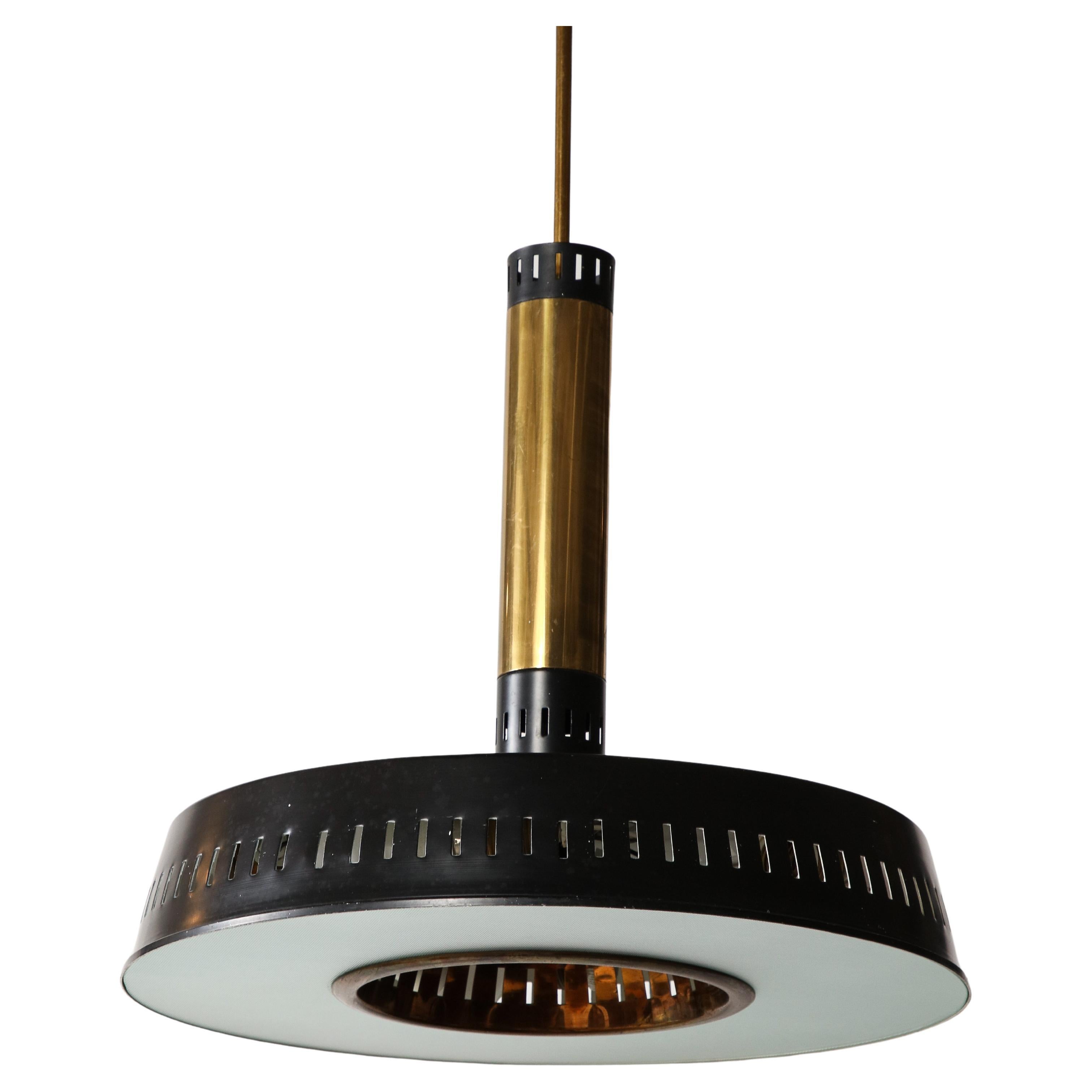 Stilnovo Black & Brass Suspension Chandelier, Textured Glass, Italy, c. 1960’s