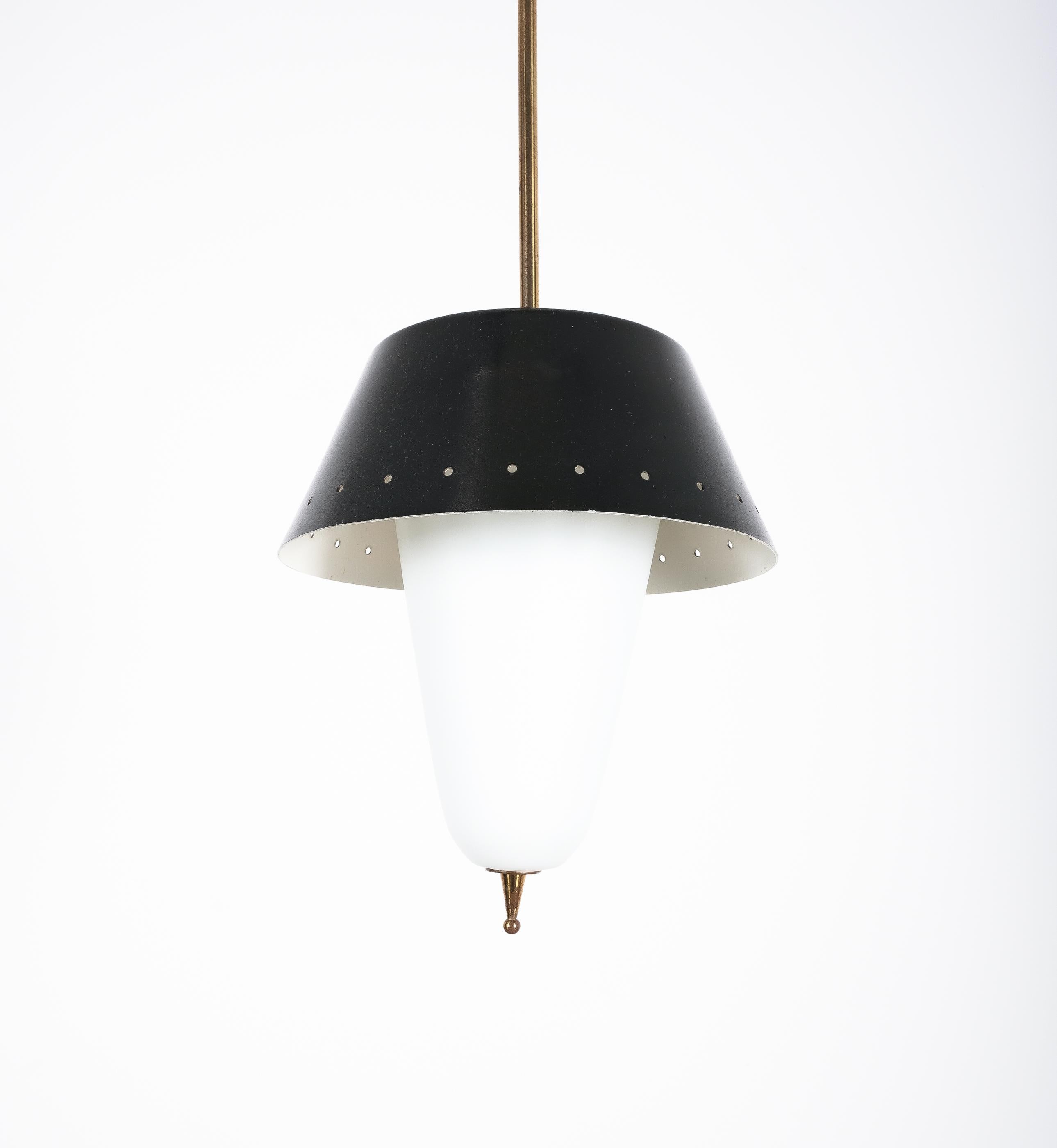 Lacquered Stilnovo Black Pendant Lamp Opal Glass, circa 1950 For Sale